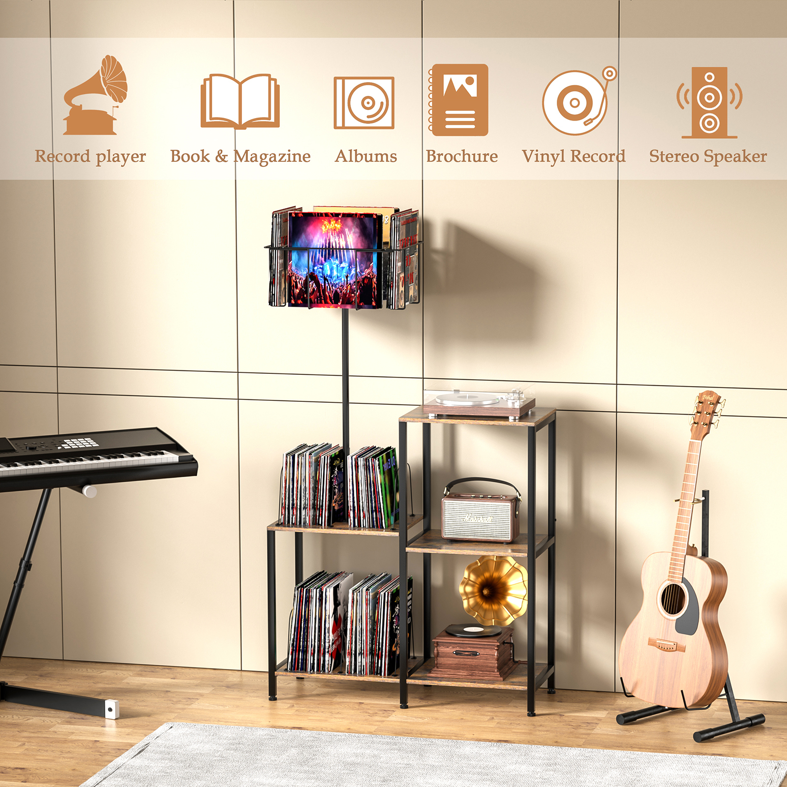 Anmytek Record Player Stand Player Table, 6-Tier Vinyl Record Storage Rotating