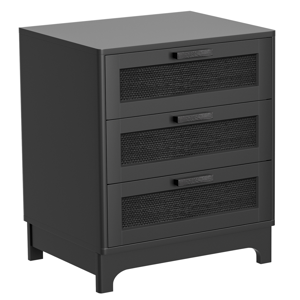 Anmytek Rattan Nightstand with 3 Drawers,  Black Wood Bedside Table Sofa End Side Table