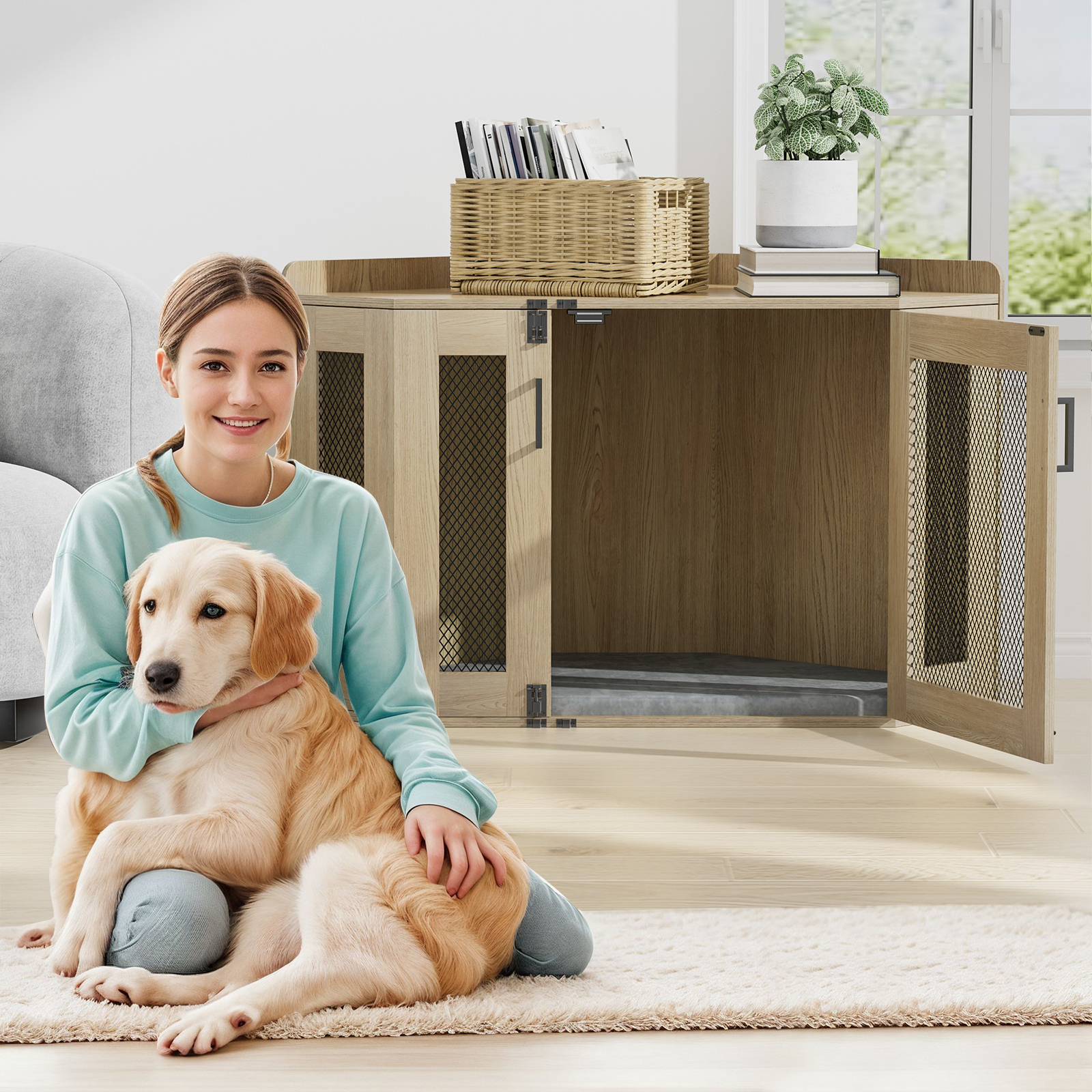 Anmytek Wooden Corner Dog Crate Furniture, Wooden Dog Kennel End Table