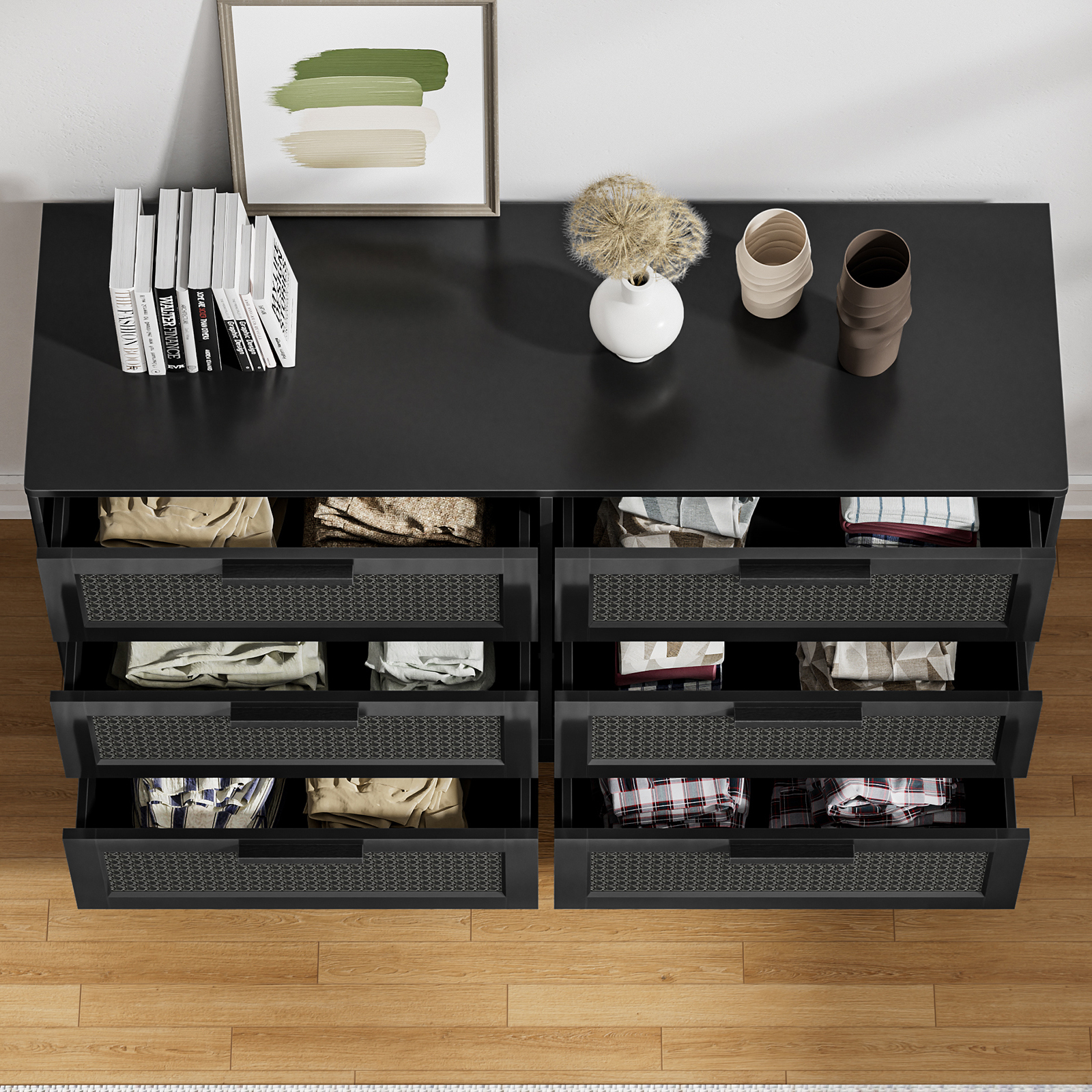 Anmytek Black Rattan 6 Drawer Dresser for Bedroom, Wood Dressers for Bedroom