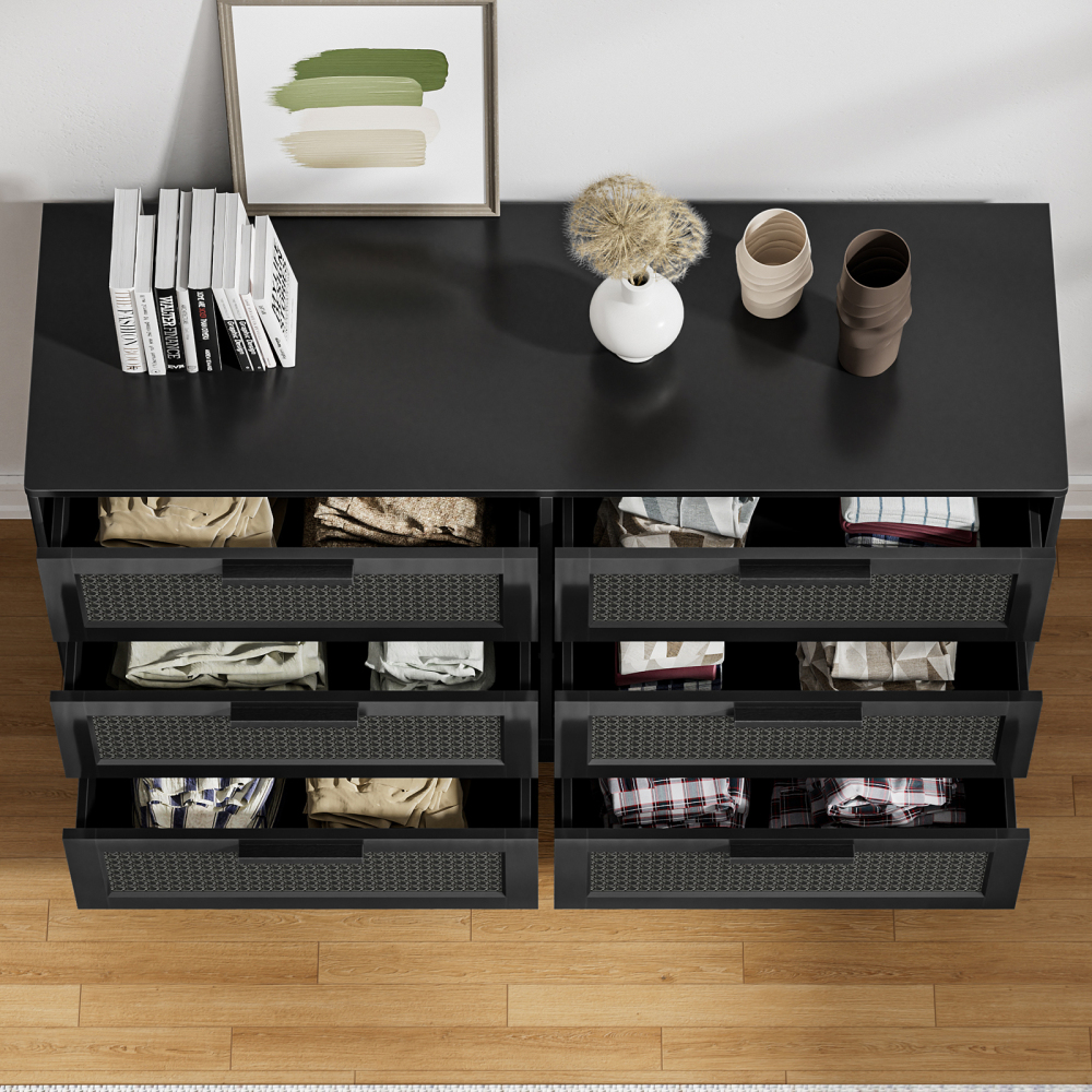 Anmytek Black Rattan 6 Drawer Dresser for Bedroom, Wood Dressers for Bedroom