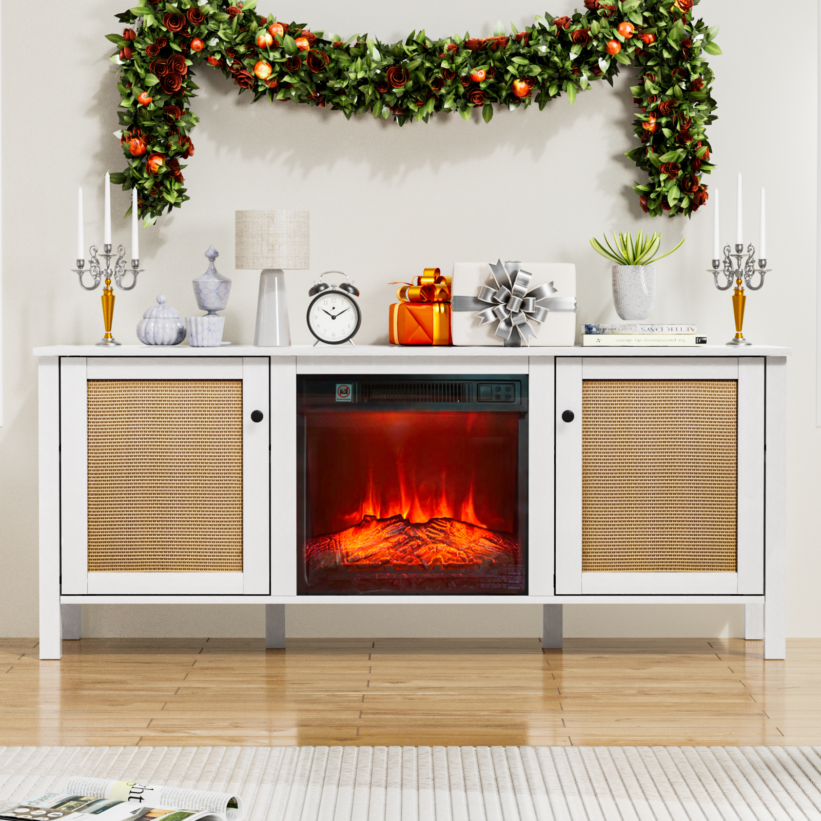 Anmytek Fireplace TV Stand with 18'' Electric Fireplace, 59'' Entertainment Center for TVs up to 65''