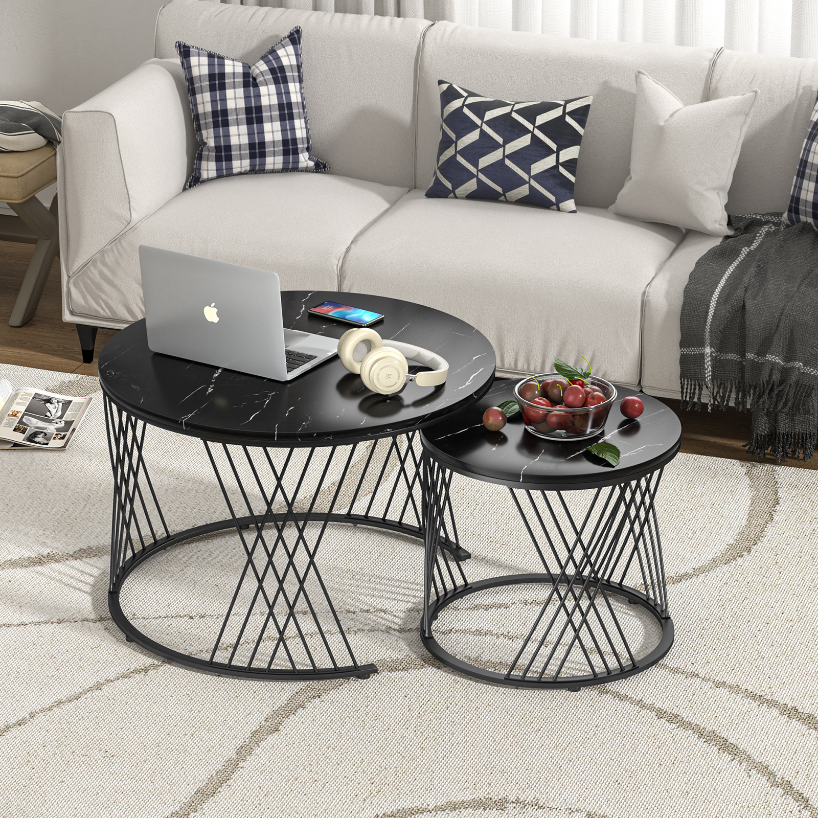 Anmytek Black Round Coffee Table Set of 2, Nesting Coffee Table