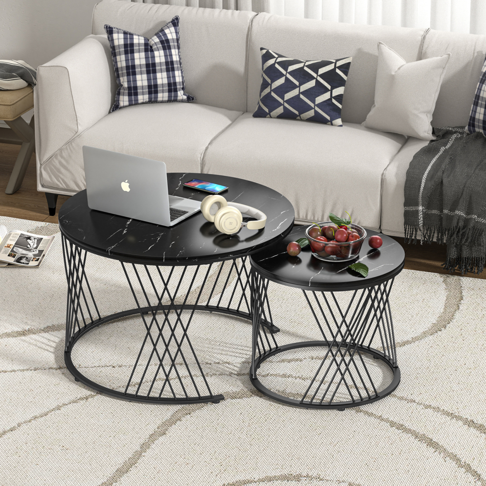 Anmytek Black Round Coffee Table Set of 2, Nesting Coffee Table