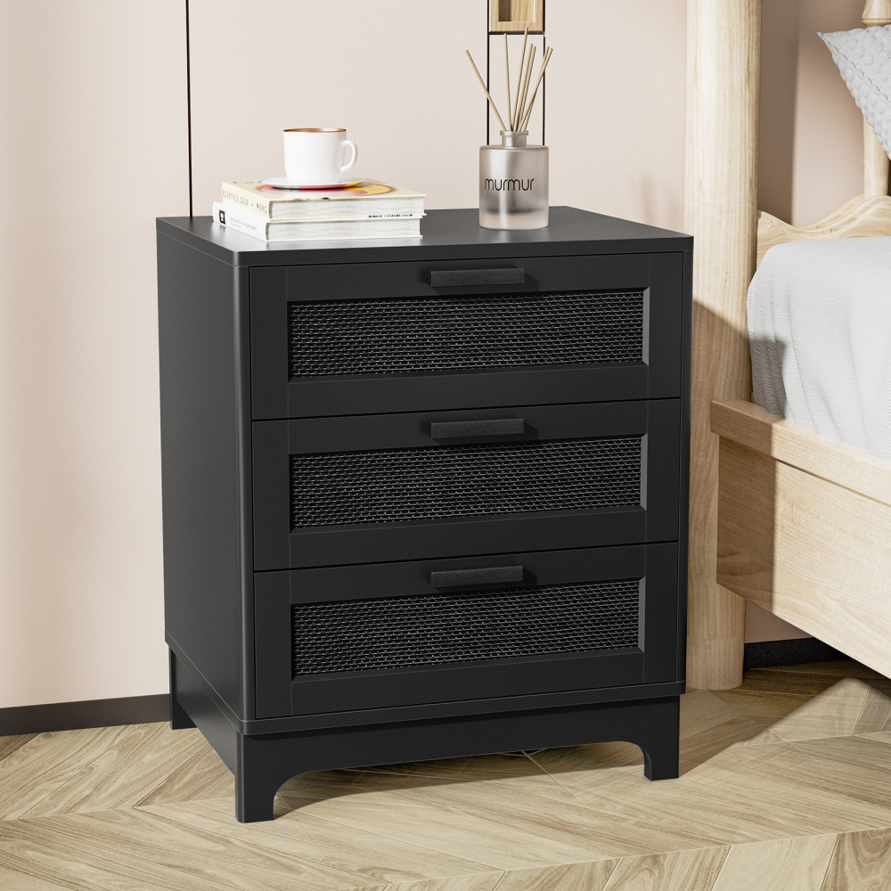Anmytek Rattan Nightstand with 3 Drawers,  Black Wood Bedside Table Sofa End Side Table