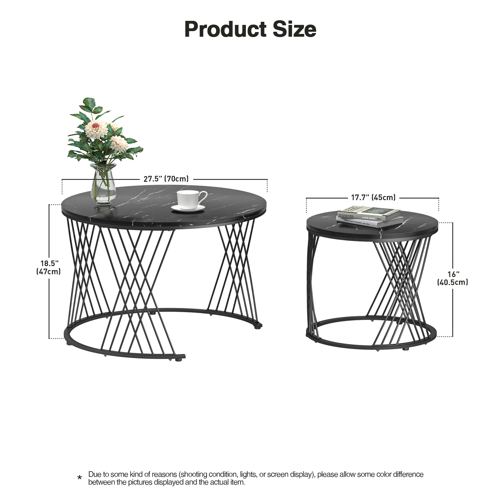 Anmytek Black Round Coffee Table Set of 2, Nesting Coffee Table