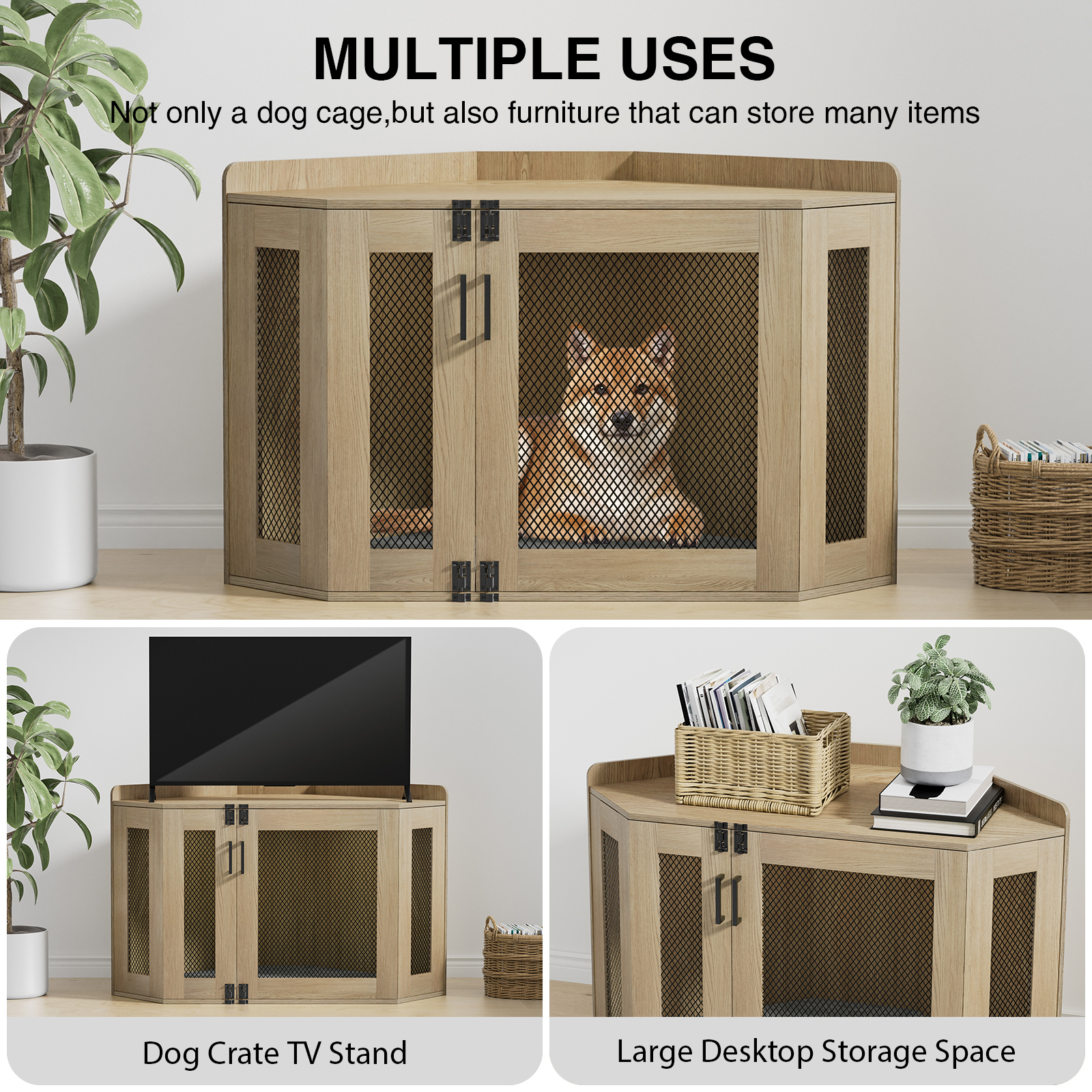 Anmytek Wooden Corner Dog Crate Furniture, Wooden Dog Kennel End Table
