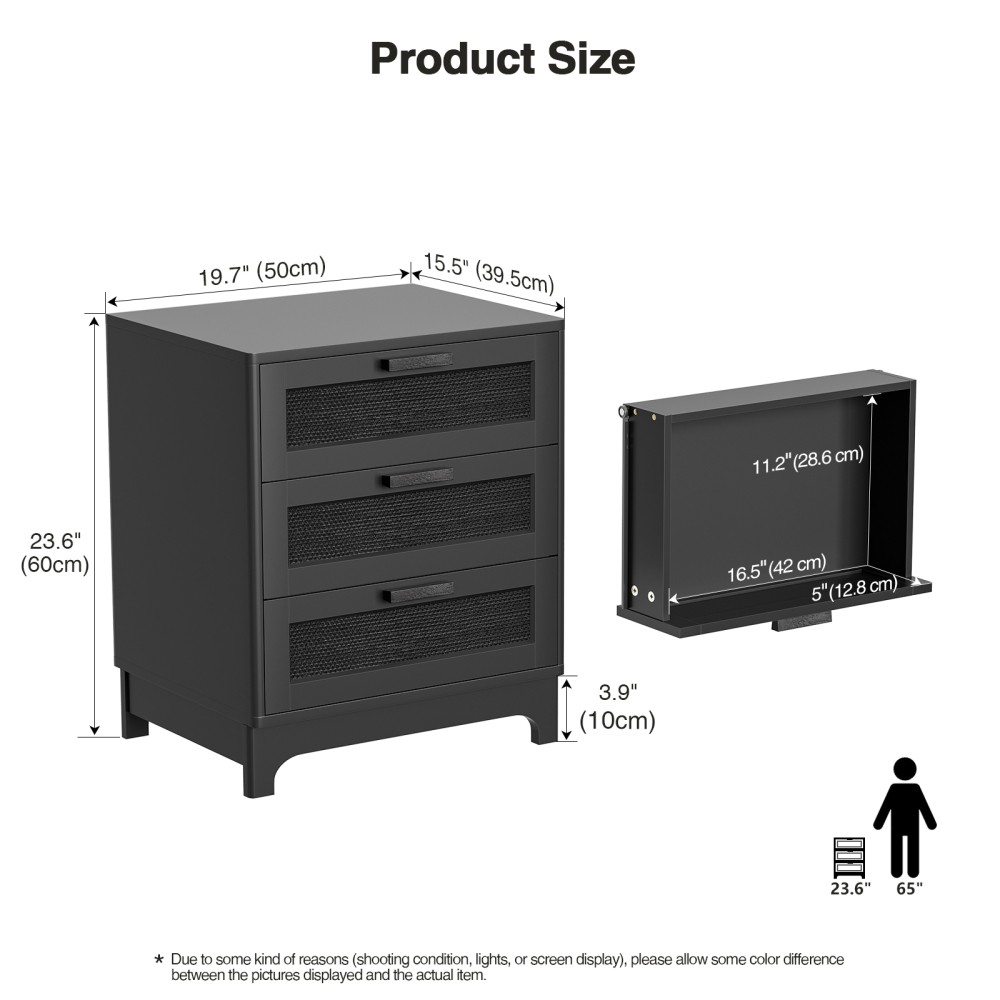 Anmytek Rattan Nightstand with 3 Drawers,  Black Wood Bedside Table Sofa End Side Table