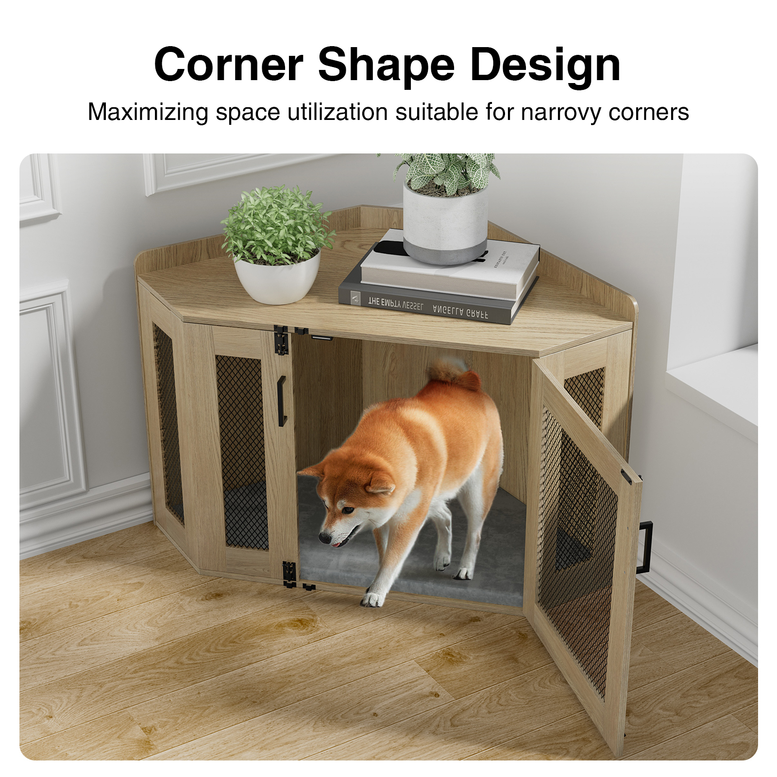 Anmytek Wooden Corner Dog Crate Furniture, Wooden Dog Kennel End Table