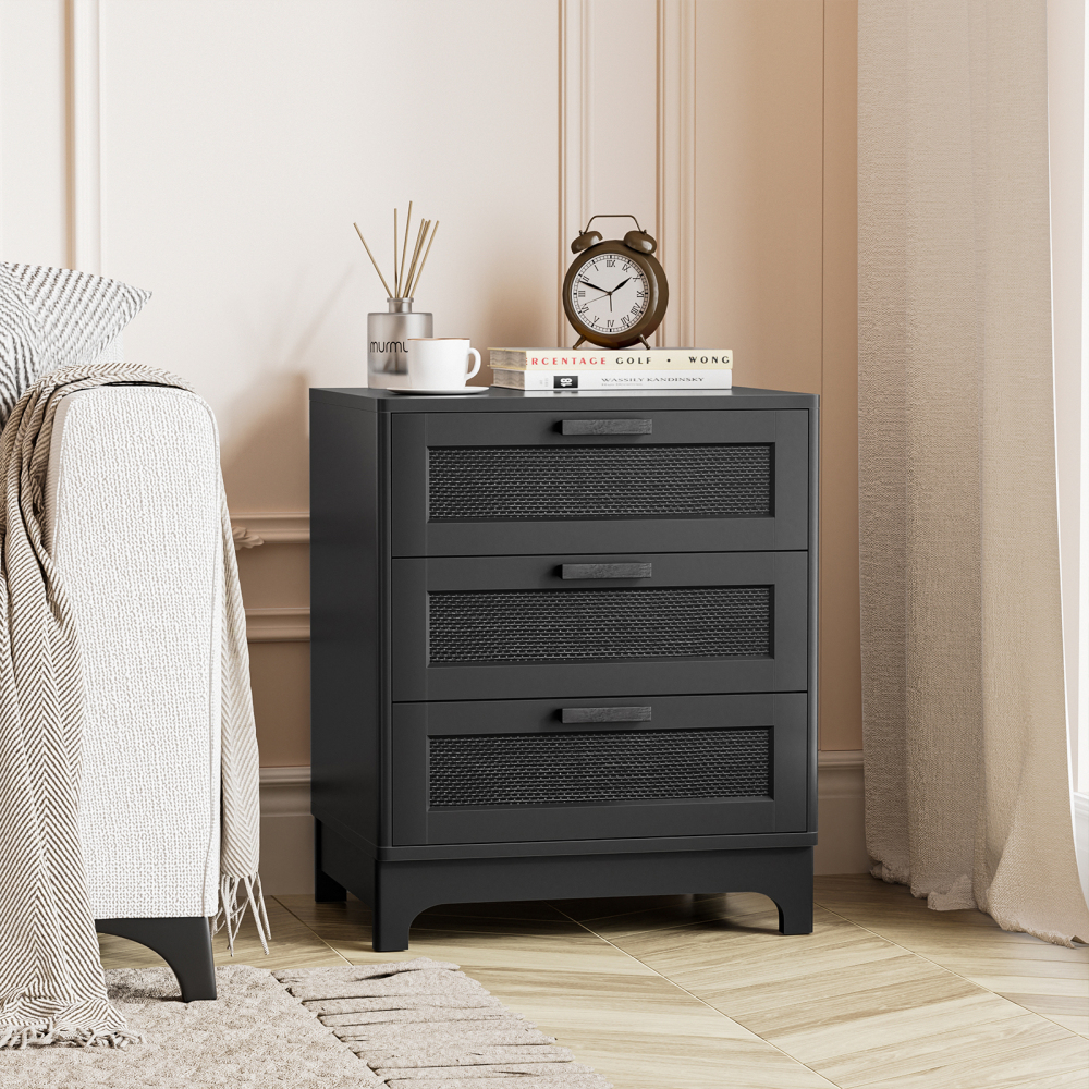 Anmytek Rattan Nightstand with 3 Drawers,  Black Wood Bedside Table Sofa End Side Table
