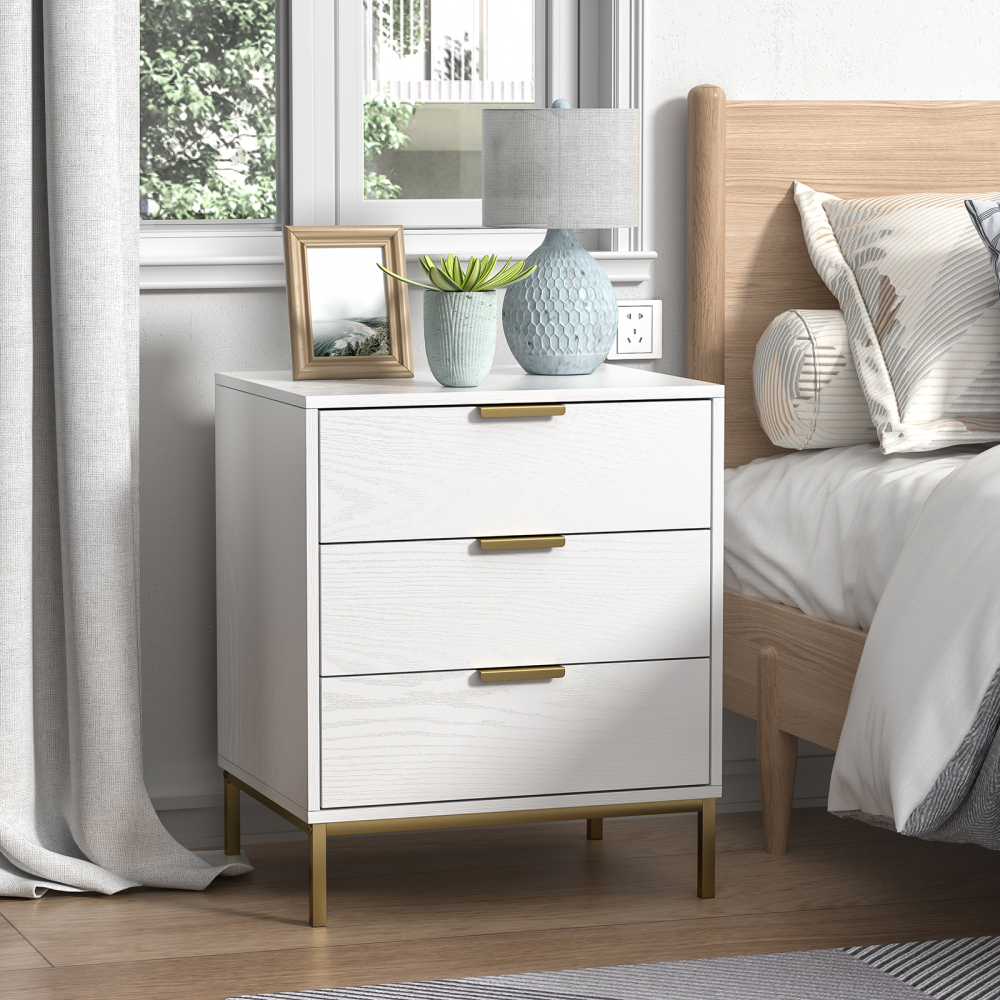 Anmytek Nightstand with 3 Drawers, White Bedside Table Sofa End Side Table