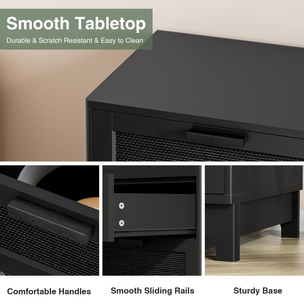 Anmytek Rattan Nightstand with 3 Drawers,  Black Wood Bedside Table Sofa End Side Table