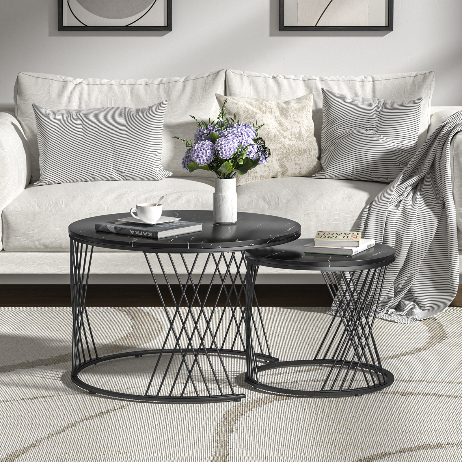 Anmytek Black Round Coffee Table Set of 2, Nesting Coffee Table
