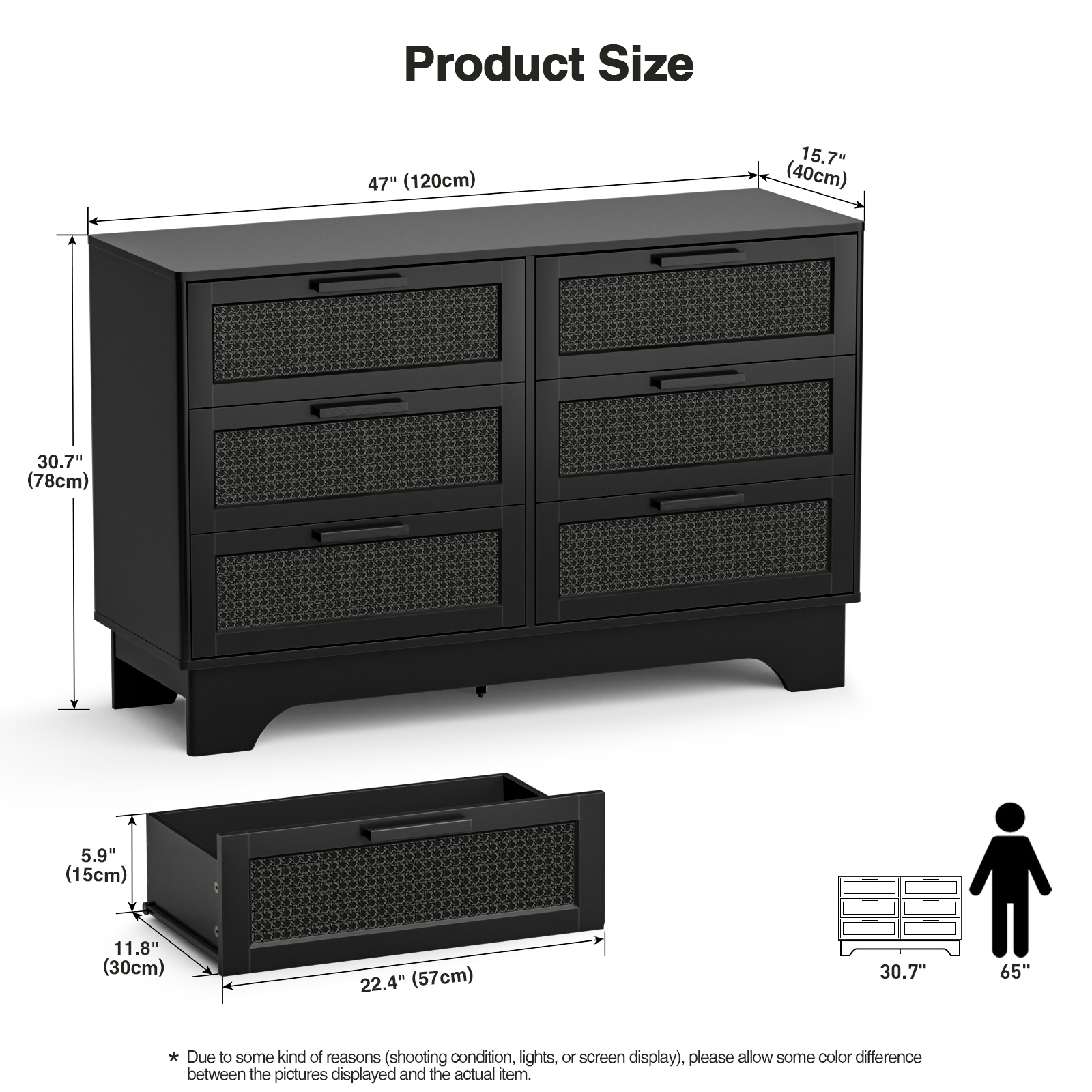 Anmytek Black Rattan 6 Drawer Dresser for Bedroom, Wood Dressers for Bedroom