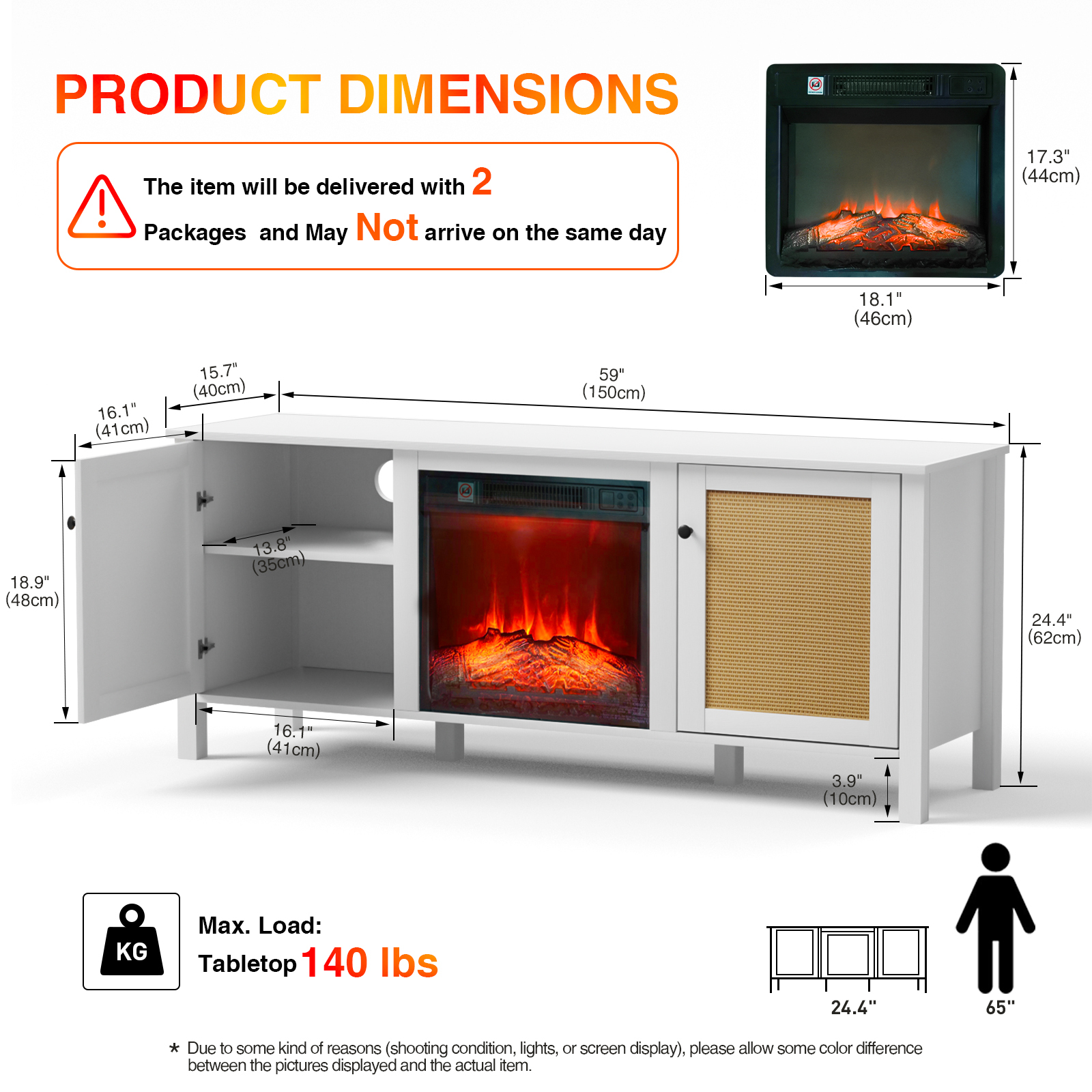 Anmytek Fireplace TV Stand with 18'' Electric Fireplace, 59'' Entertainment Center for TVs up to 65''