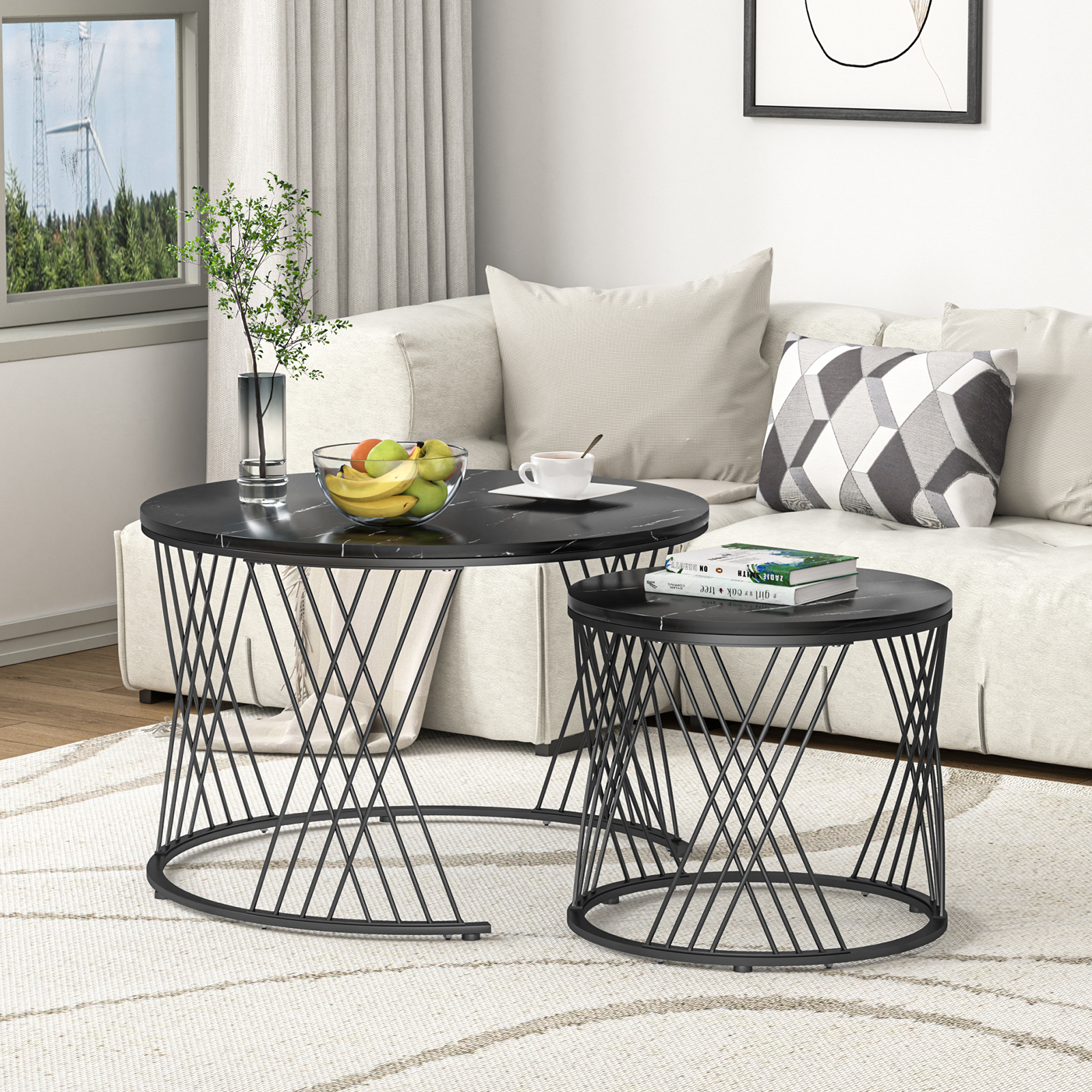 Anmytek Black Round Coffee Table Set of 2, Nesting Coffee Table