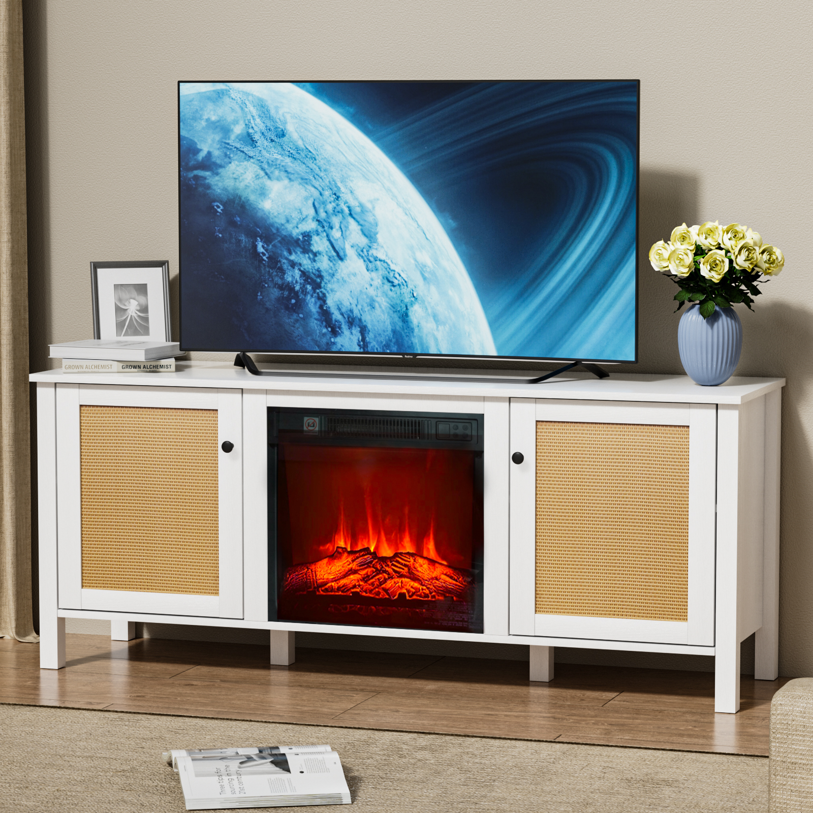 Anmytek Fireplace TV Stand with 18'' Electric Fireplace, 59'' Entertainment Center for TVs up to 65''