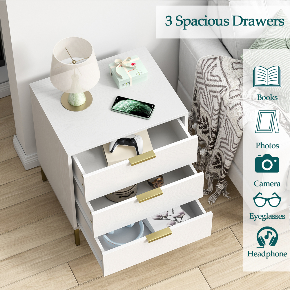 Anmytek Nightstand with 3 Drawers, White Bedside Table Sofa End Side Table