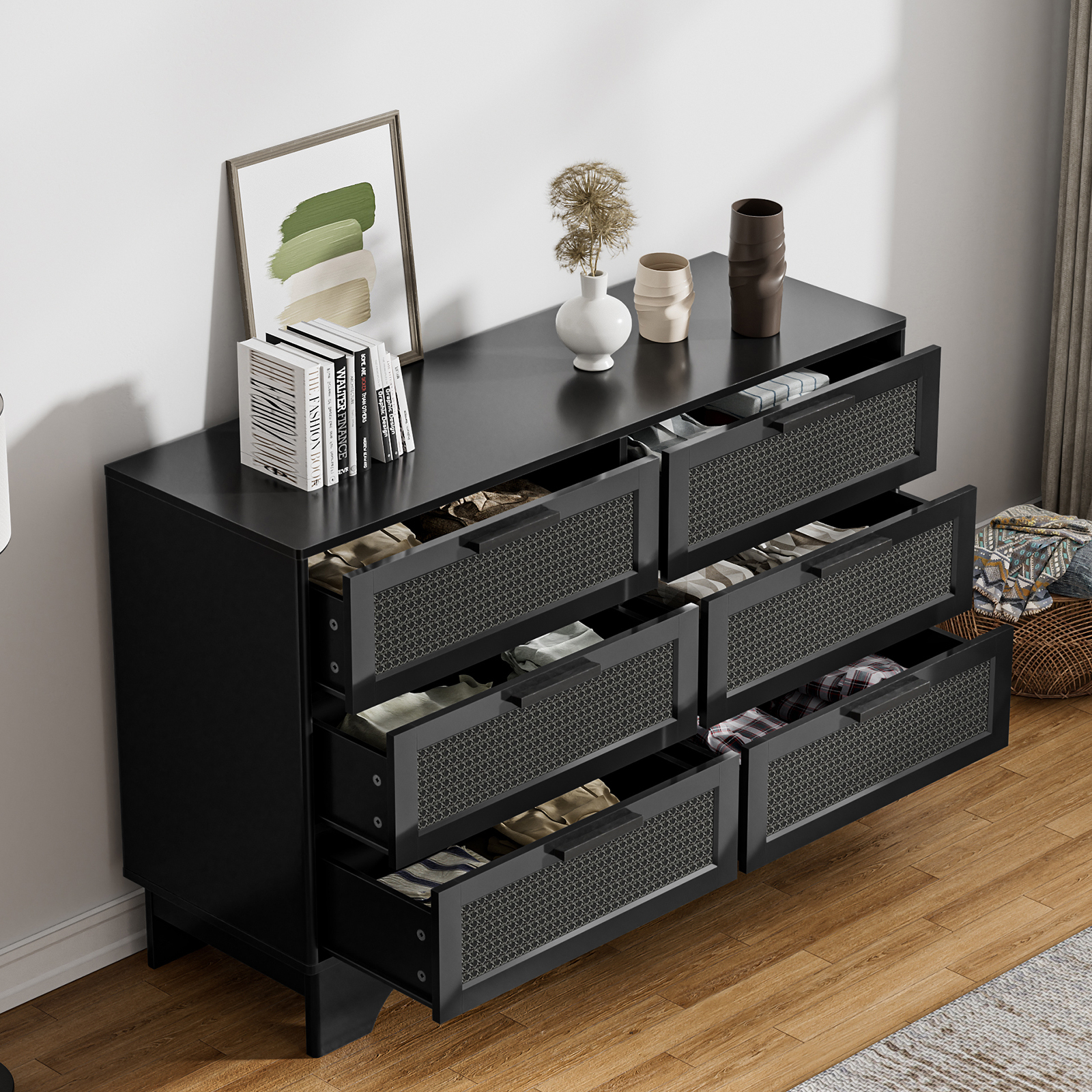 Anmytek Black Rattan 6 Drawer Dresser for Bedroom, Wood Dressers for Bedroom