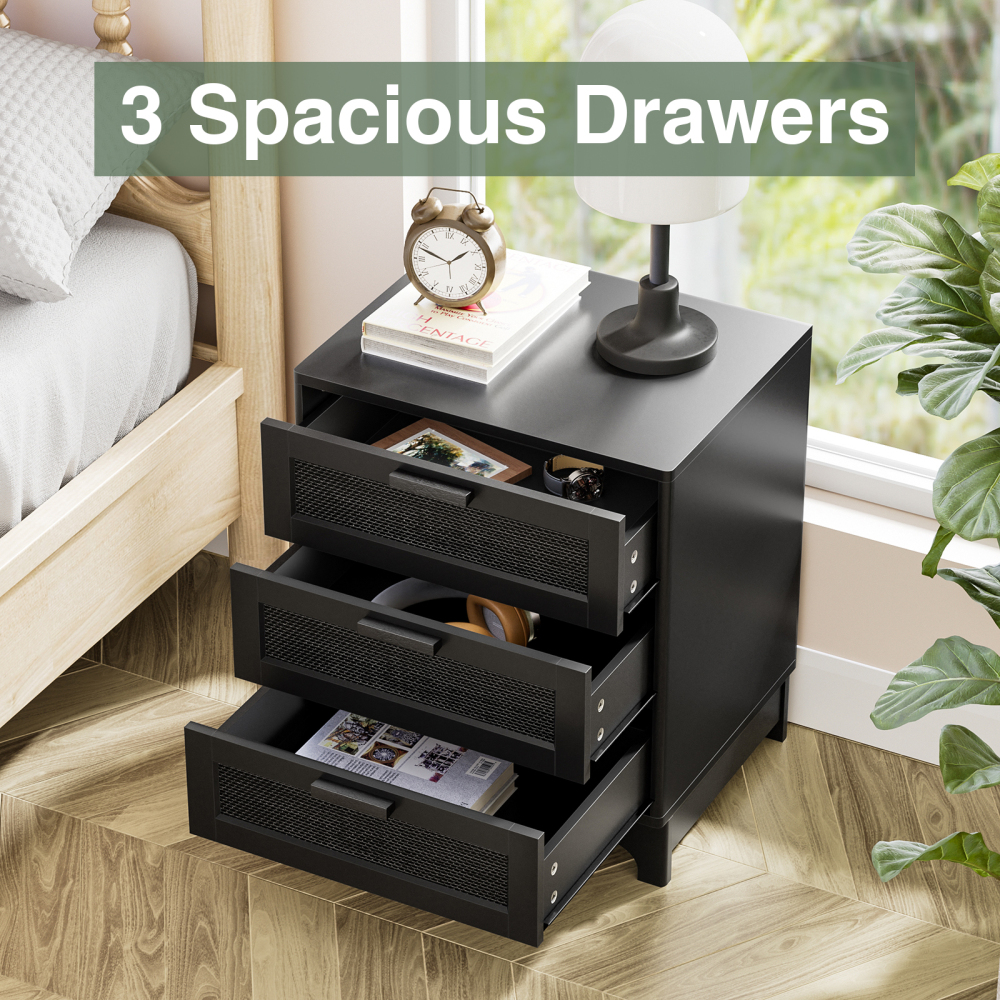 Anmytek Rattan Nightstand with 3 Drawers,  Black Wood Bedside Table Sofa End Side Table