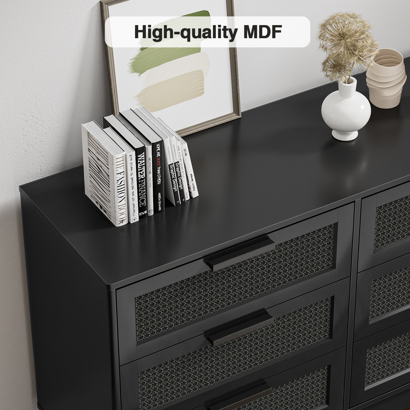 Anmytek Black Rattan 6 Drawer Dresser for Bedroom, Wood Dressers for Bedroom