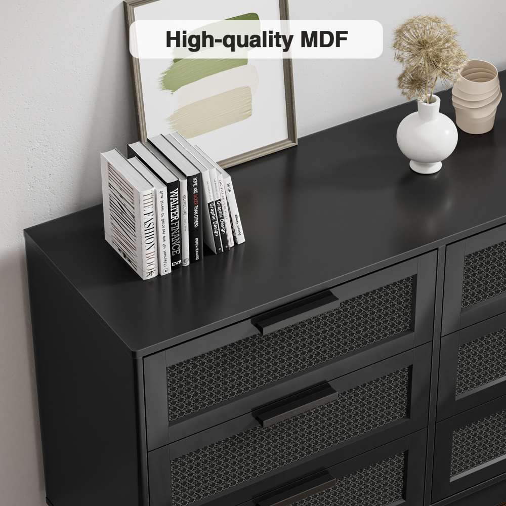 Anmytek Black Rattan 6 Drawer Dresser for Bedroom, Wood Dressers for Bedroom
