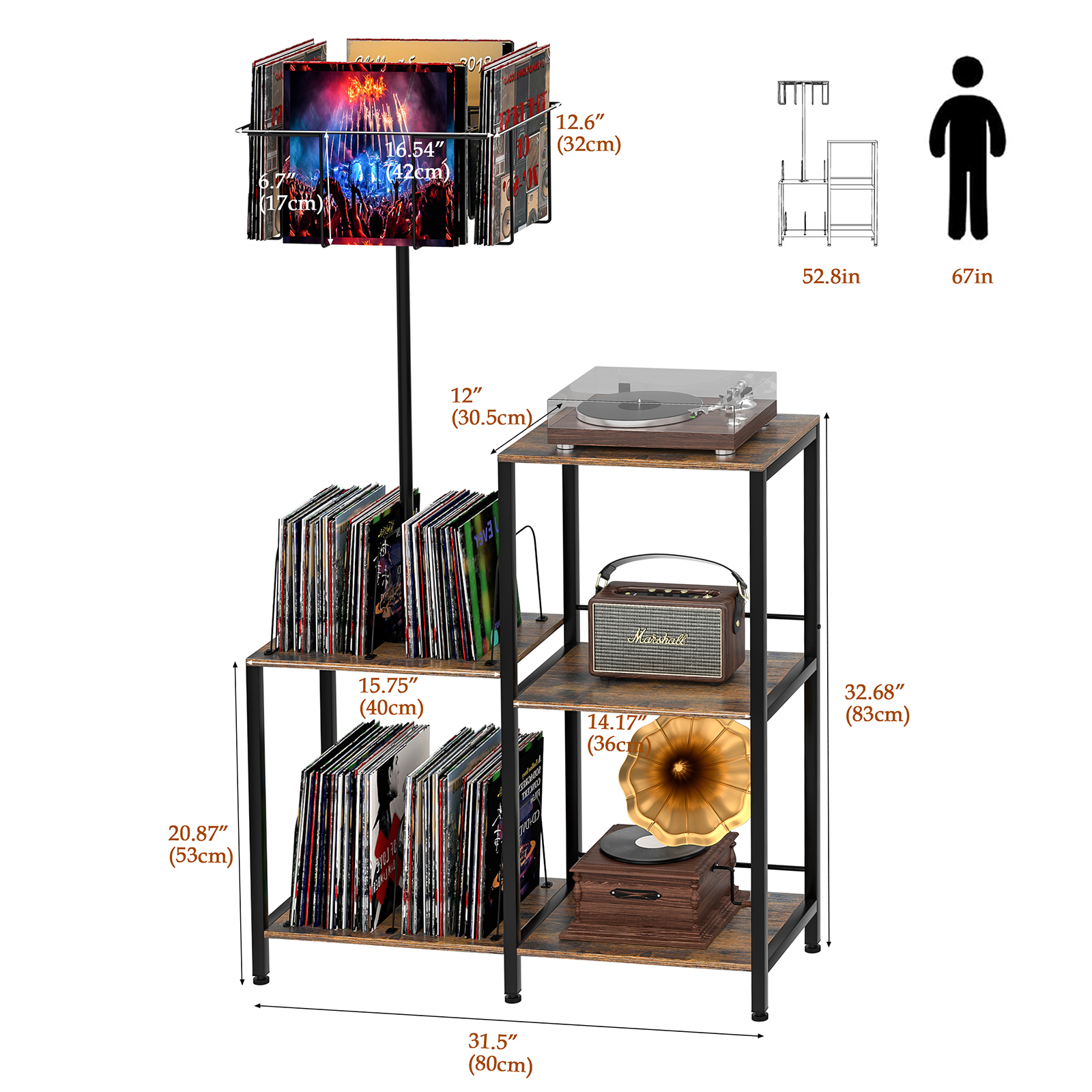 Anmytek Record Player Stand Player Table, 6-Tier Vinyl Record Storage Rotating