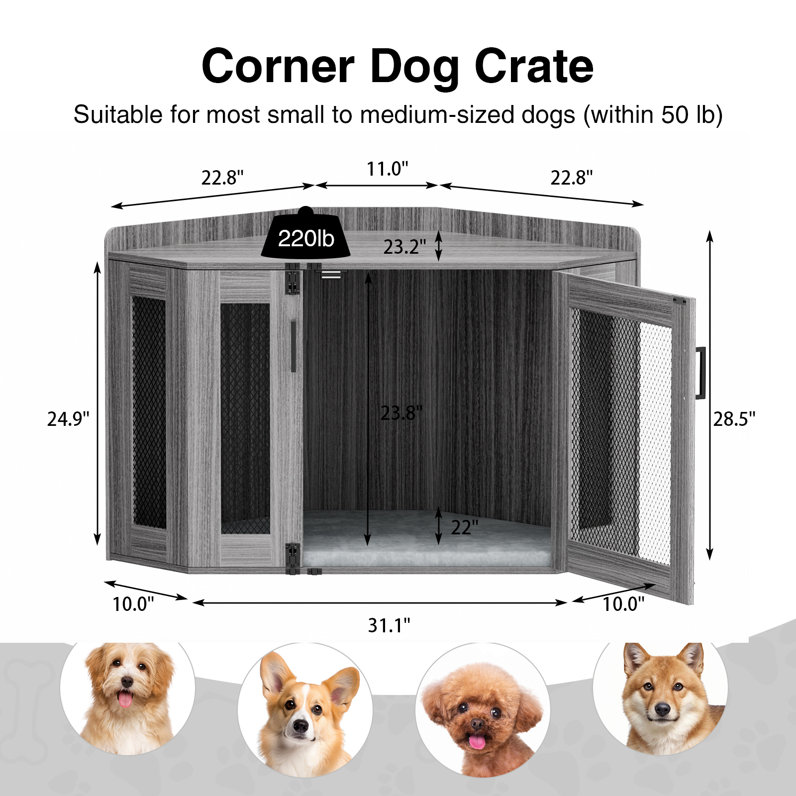 Anmytek Wooden Corner Dog Crate Furniture, Dog Kennel End Table, Decorative Pet Crate Indoor Use