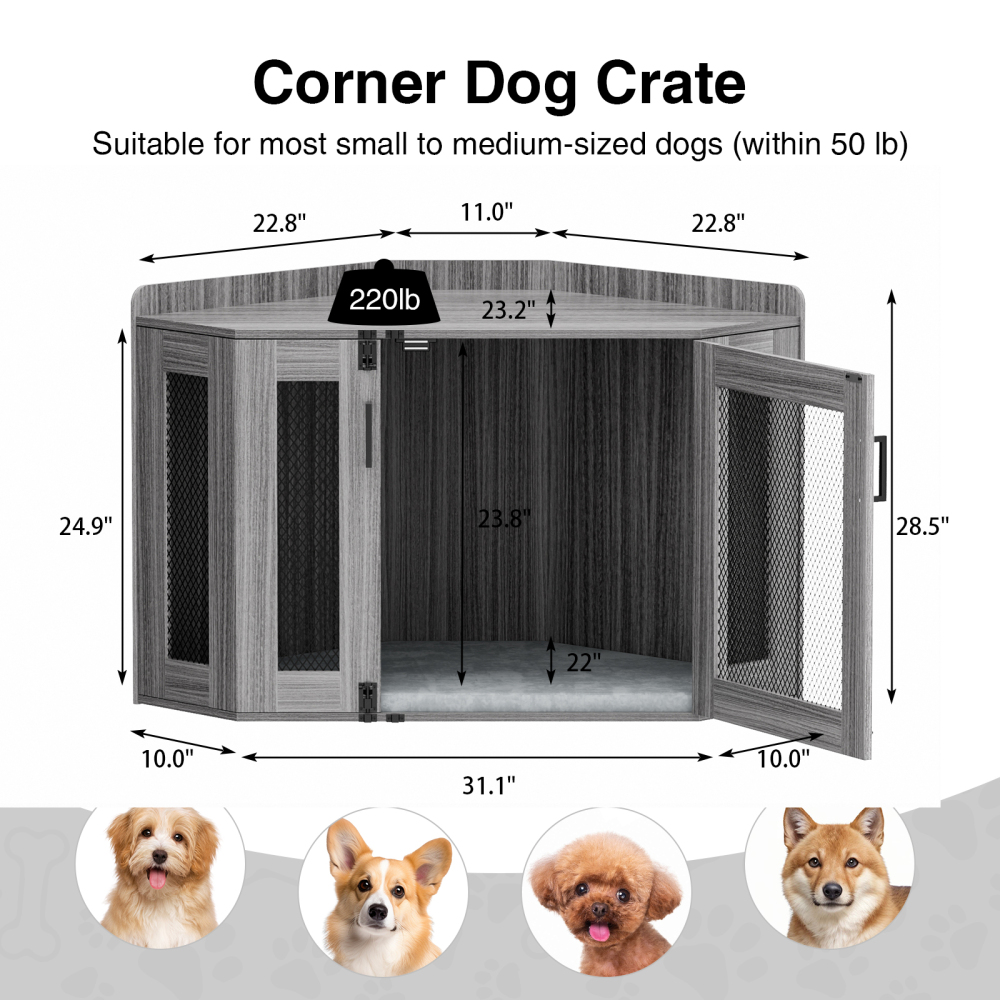 Anmytek Wooden Corner Dog Crate Furniture, Dog Kennel End Table, Decorative Pet Crate Indoor Use