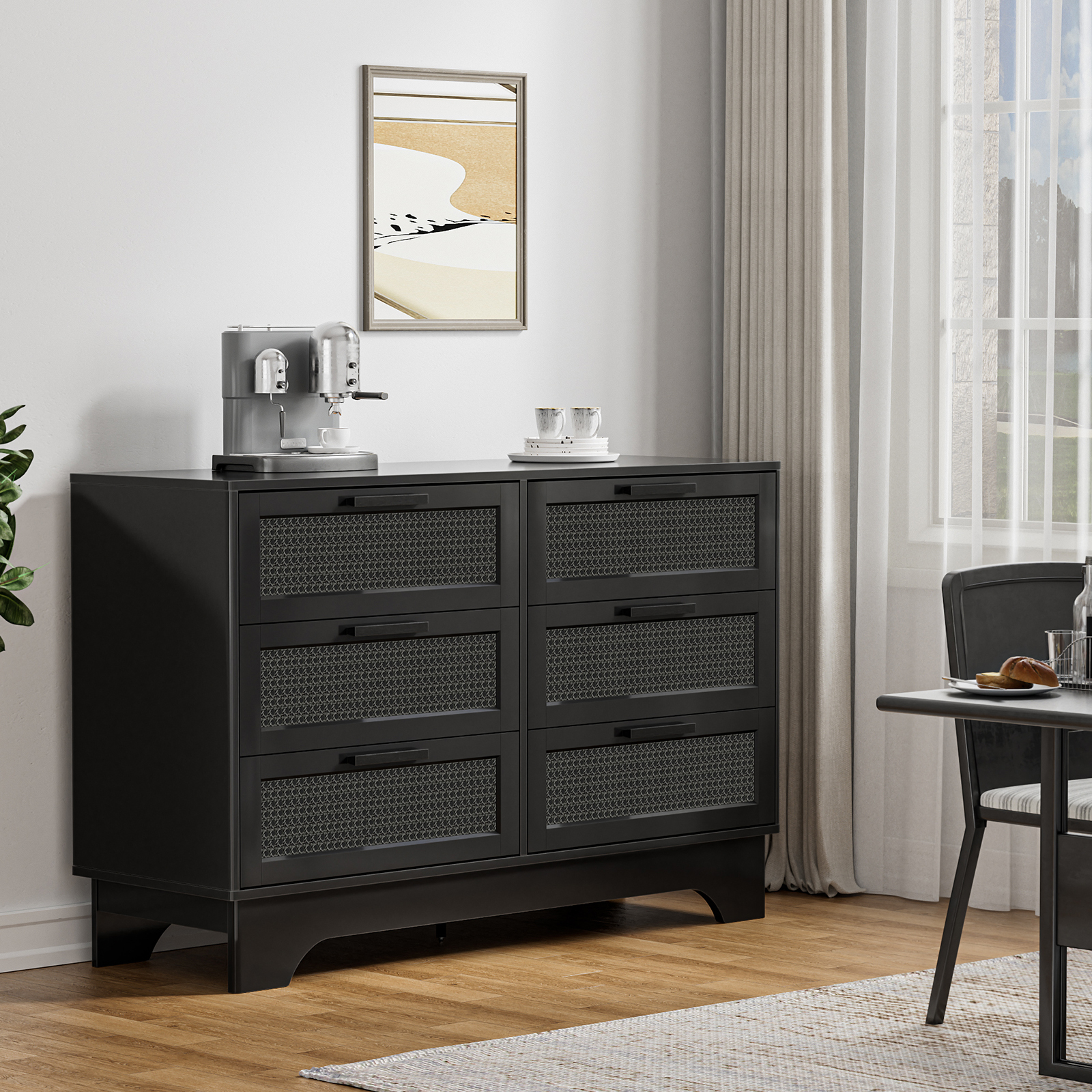 Anmytek Black Rattan 6 Drawer Dresser for Bedroom, Wood Dressers for Bedroom