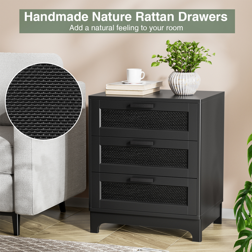 Anmytek Rattan Nightstand with 3 Drawers,  Black Wood Bedside Table Sofa End Side Table