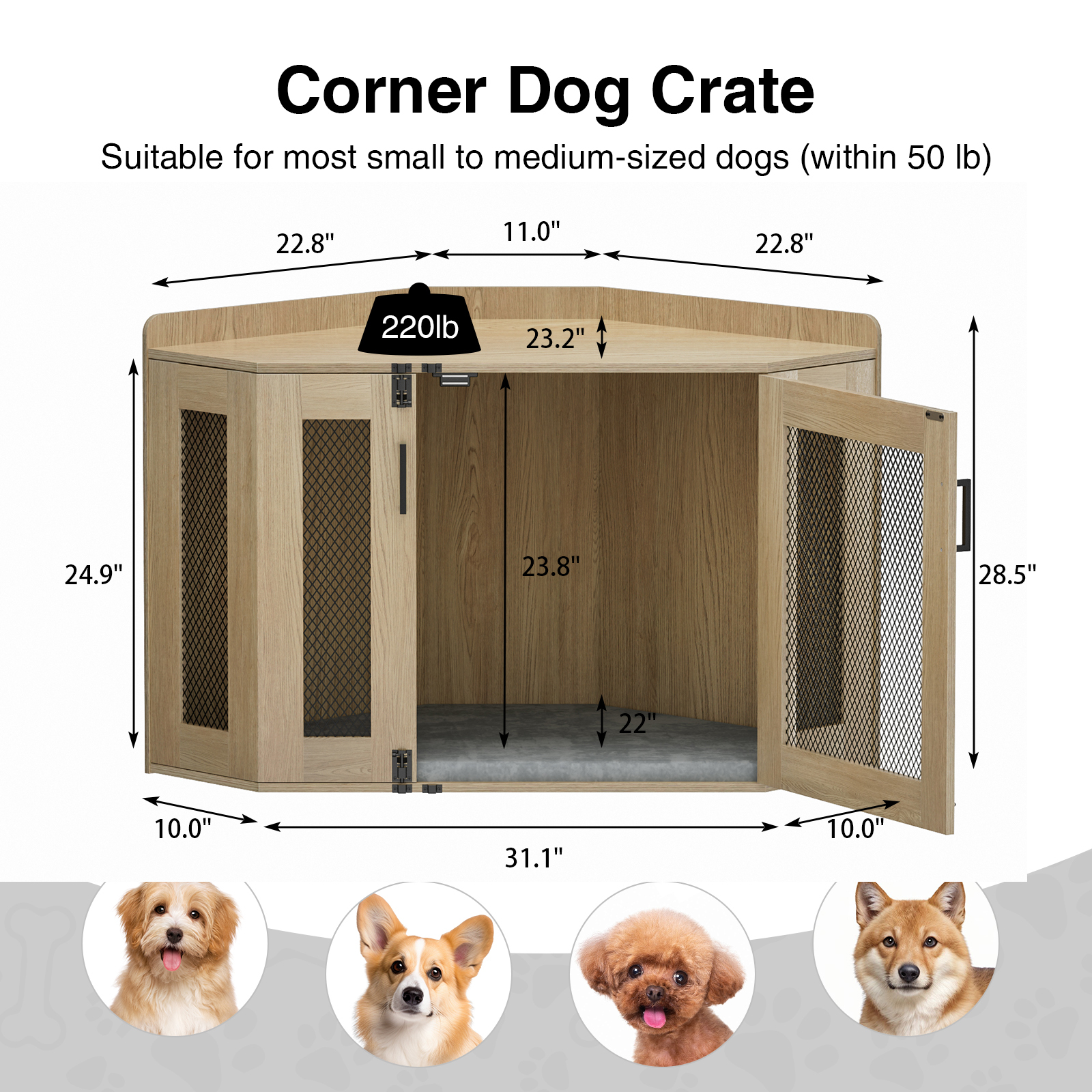 Anmytek Wooden Corner Dog Crate Furniture, Wooden Dog Kennel End Table