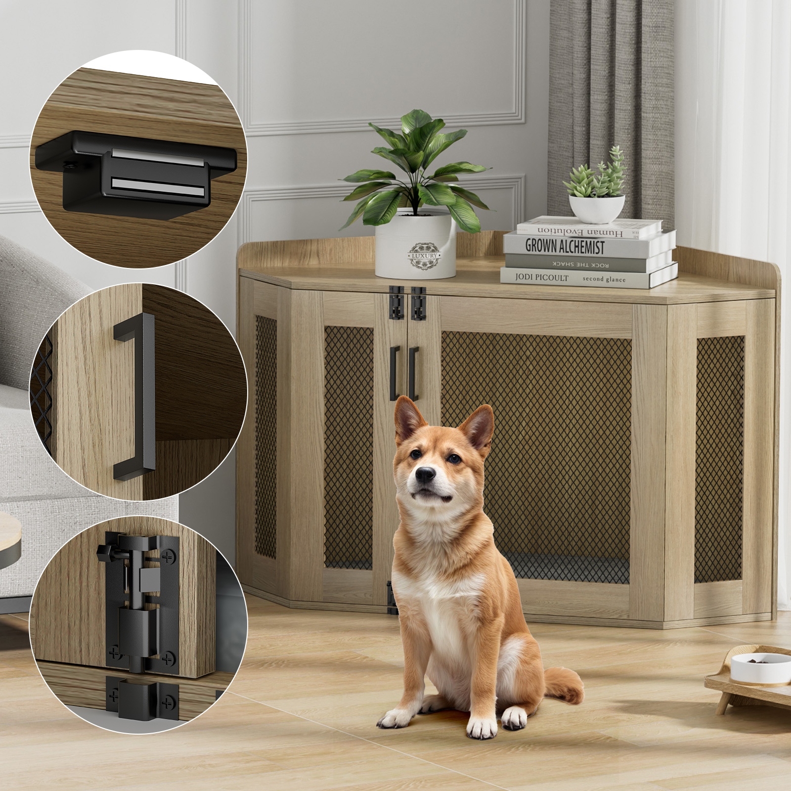 Anmytek Wooden Corner Dog Crate Furniture, Wooden Dog Kennel End Table