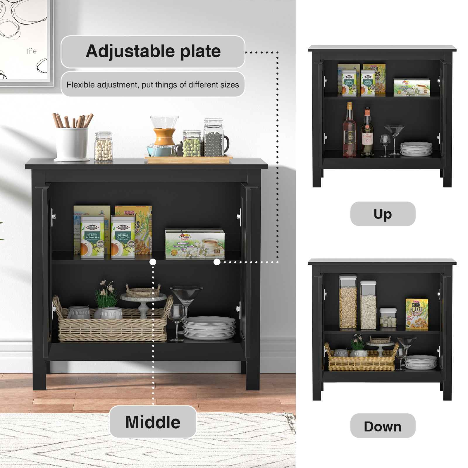 Anmytek Black Sideboard Buffet Cabinet, Farmhouse Kitchen Storage Cabinets