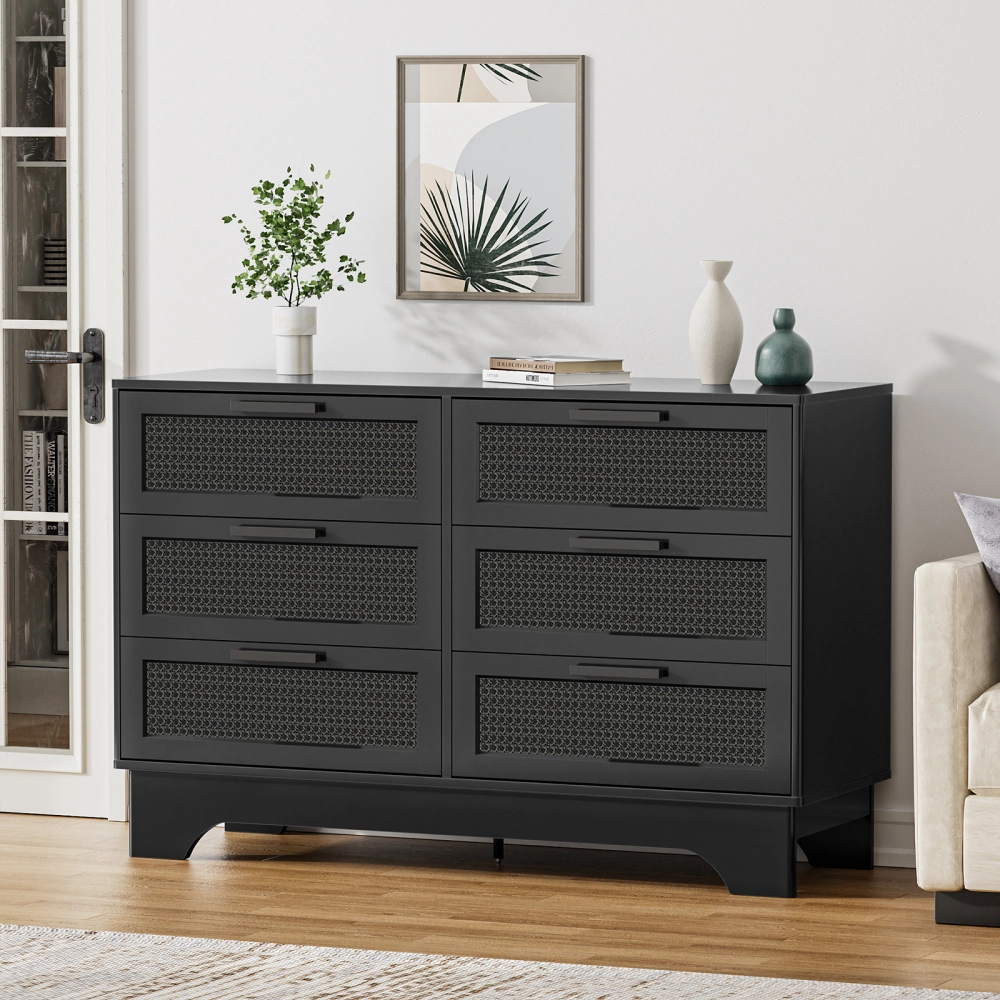 Anmytek Black Rattan 6 Drawer Dresser for Bedroom, Wood Dressers for Bedroom