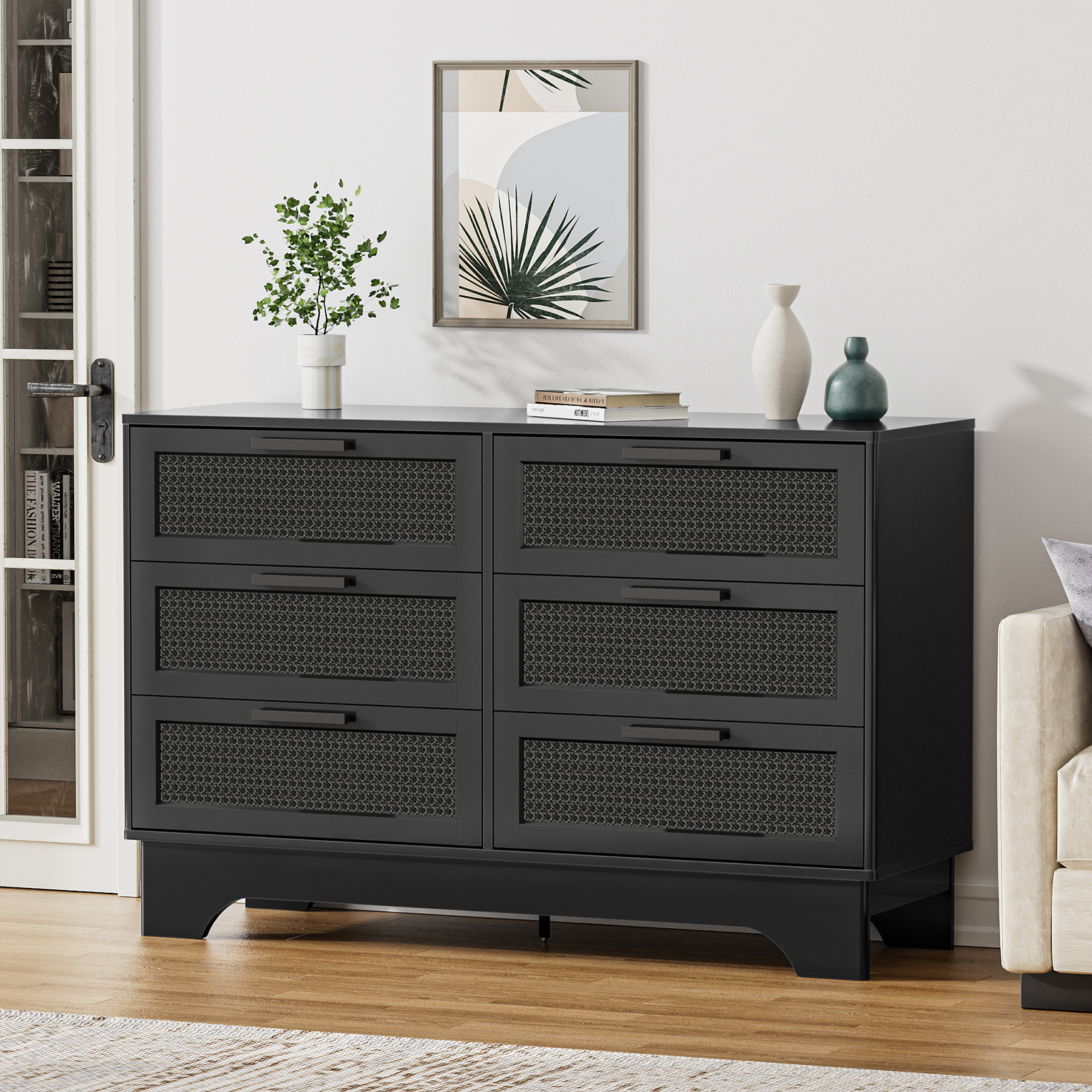 Anmytek Black Rattan 6 Drawer Dresser for Bedroom, Wood Dressers for Bedroom