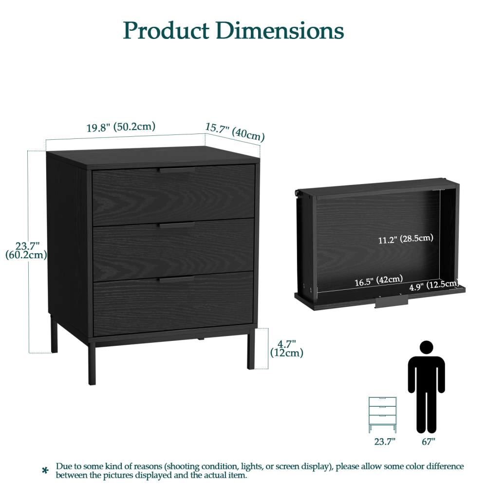 Anmytek Nightstand with 3 Drawers, Modern Wood Night Stand for Bedroom
