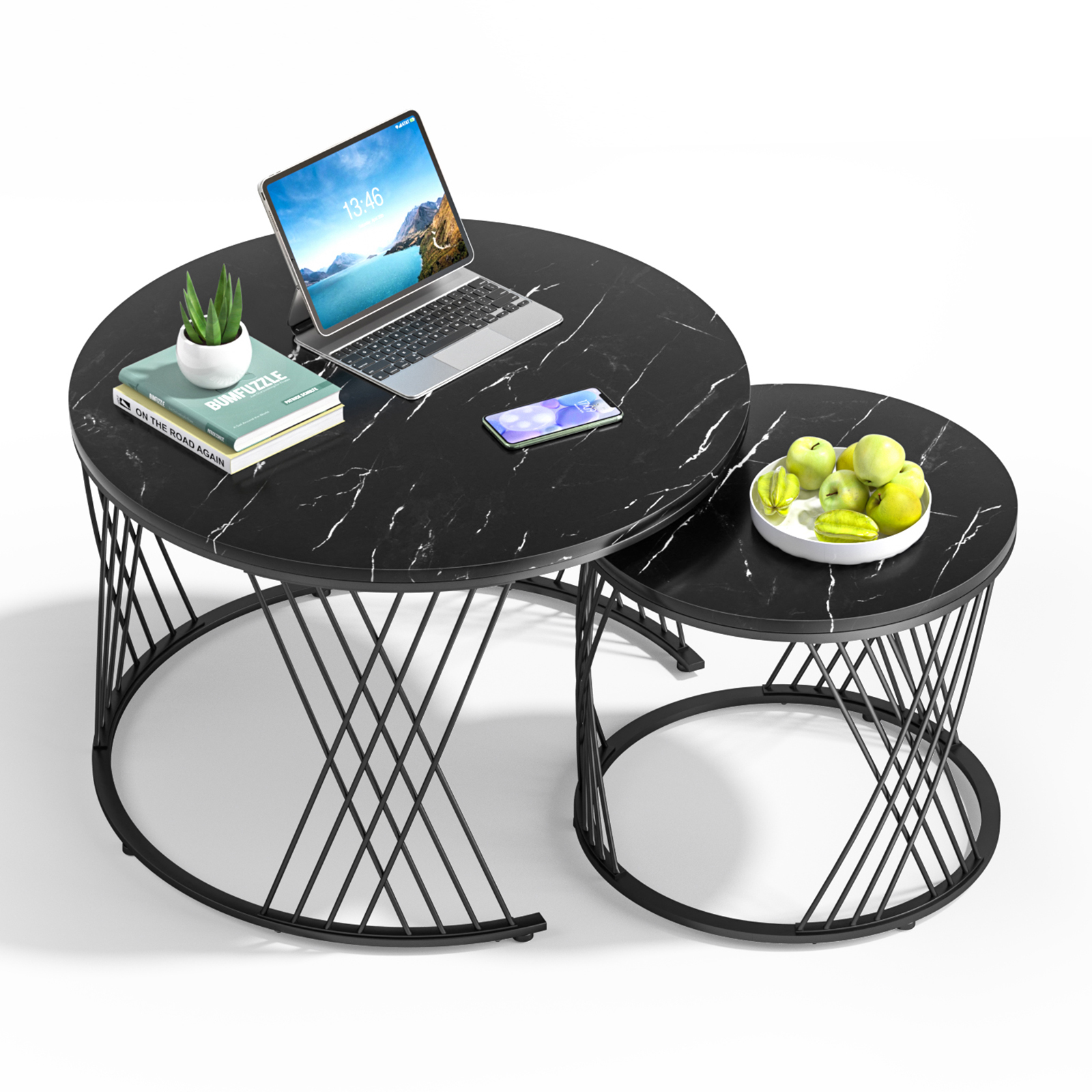 Anmytek Black Round Coffee Table Set of 2, Nesting Coffee Table