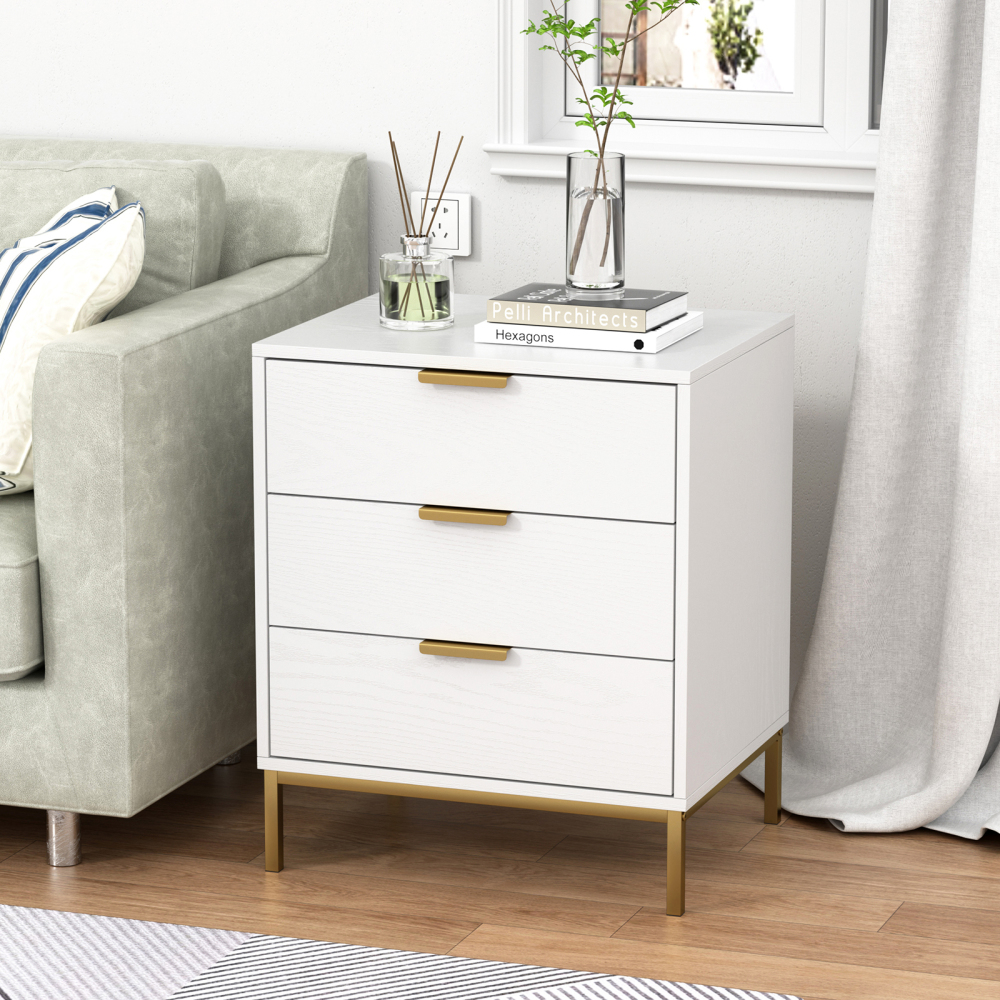 Anmytek Nightstand with 3 Drawers, White Bedside Table Sofa End Side Table