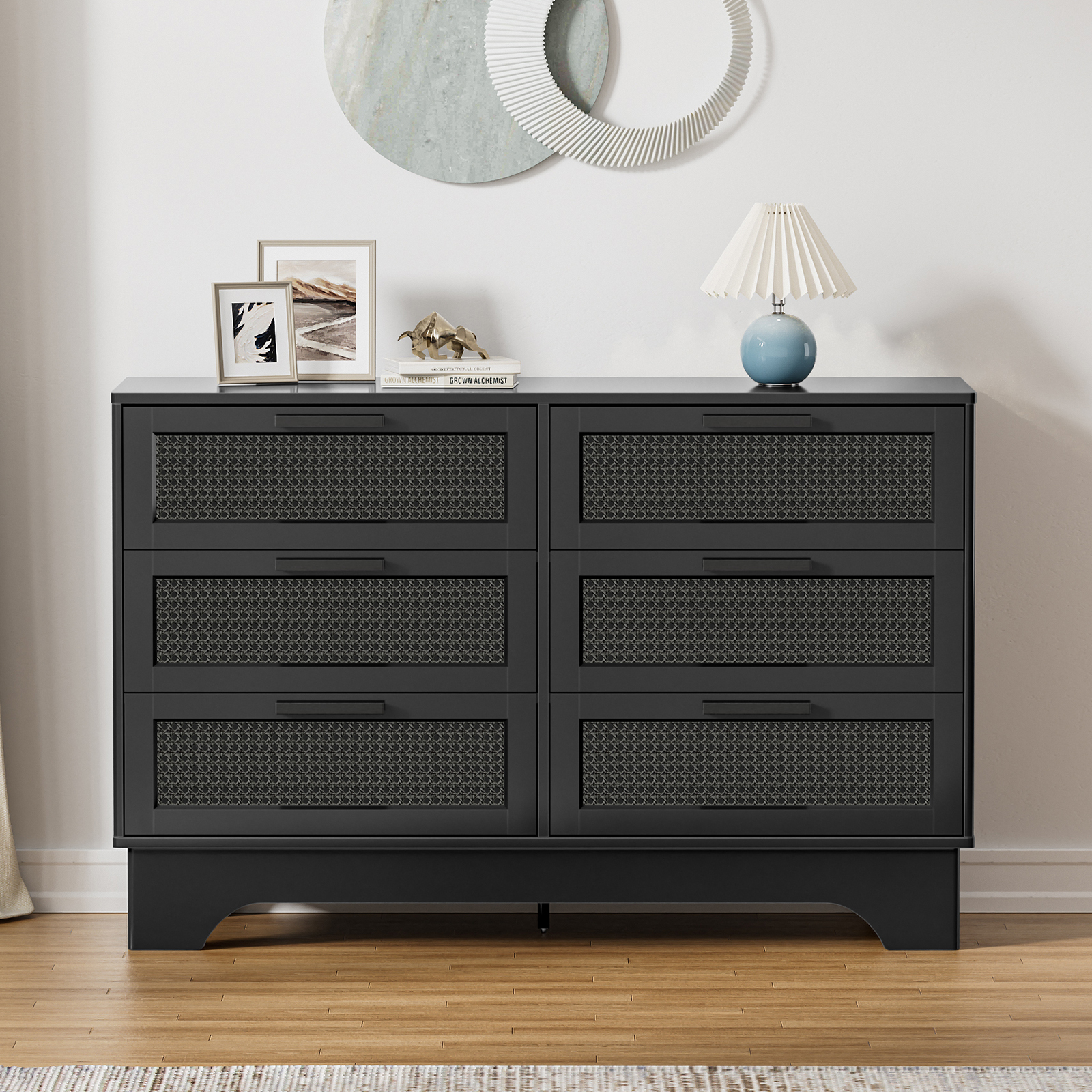 Anmytek Black Rattan 6 Drawer Dresser for Bedroom, Wood Dressers for Bedroom