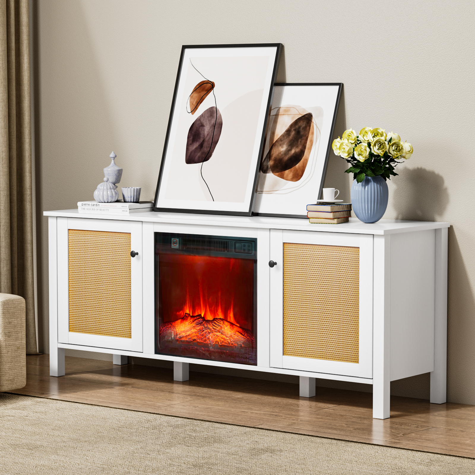 Anmytek Fireplace TV Stand with 18'' Electric Fireplace, 59'' Entertainment Center for TVs up to 65''