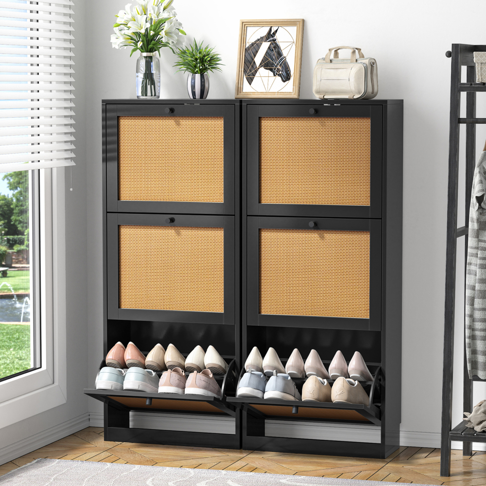 Anmytek Shoe Cabinet, 12 Pair Shoe Storage Organizer Cabinet, 3-Tier Rattan Shoe Cabinet with 3 Flip Drawers
