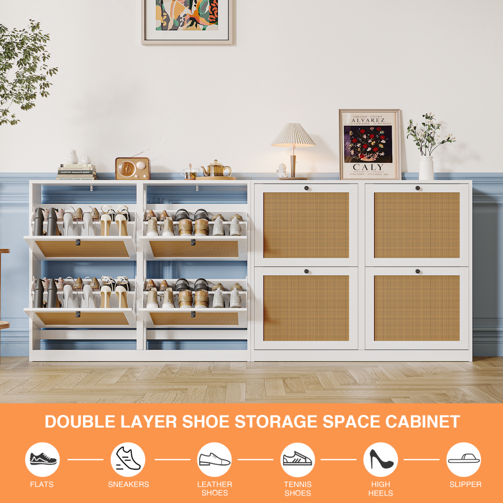 Anmytek Natural Rattan Shoe Storage Cabinet with 4 Flip Drawers, Freestanding Shoe Cabinet