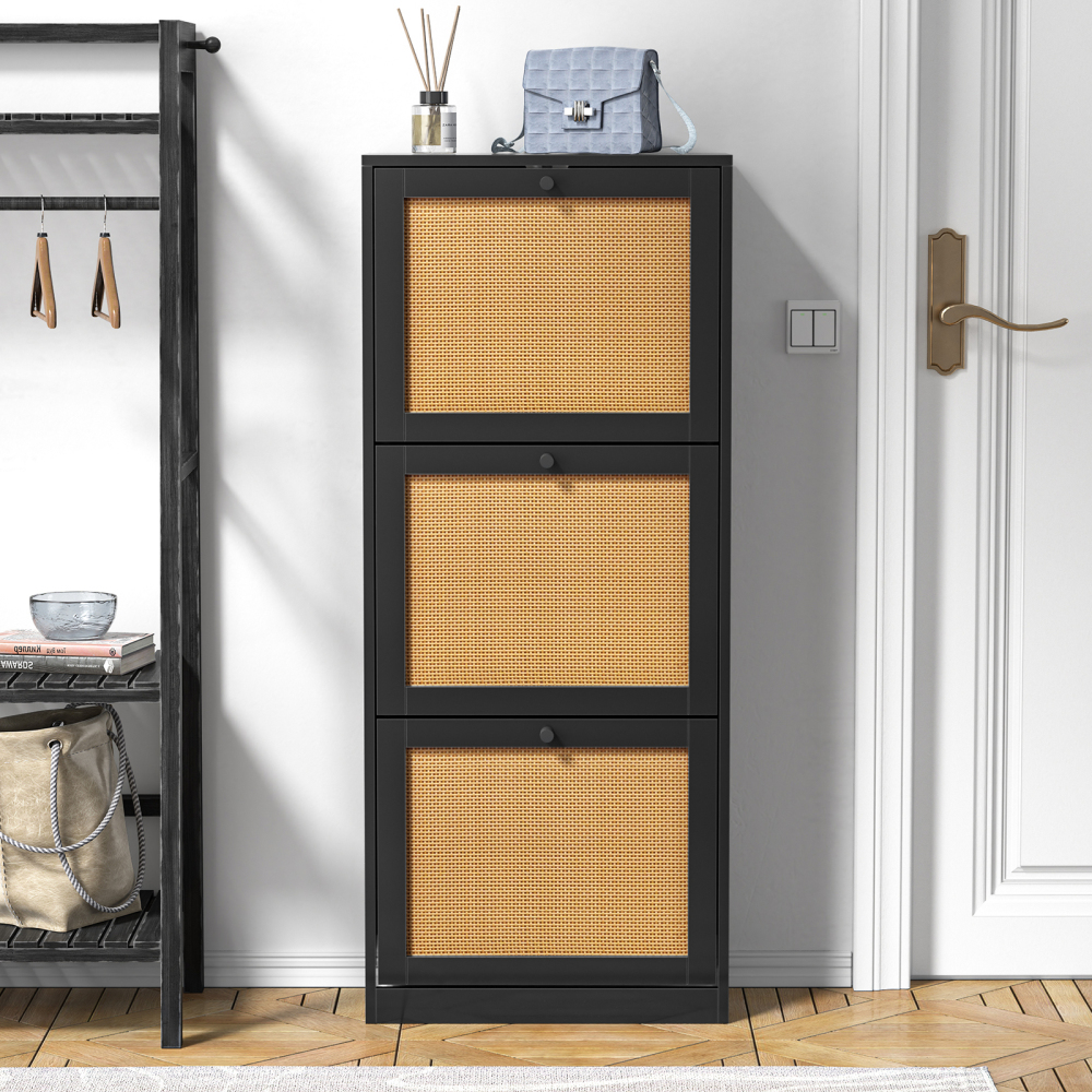 Anmytek Shoe Cabinet, 12 Pair Shoe Storage Organizer Cabinet, 3-Tier Rattan Shoe Cabinet with 3 Flip Drawers