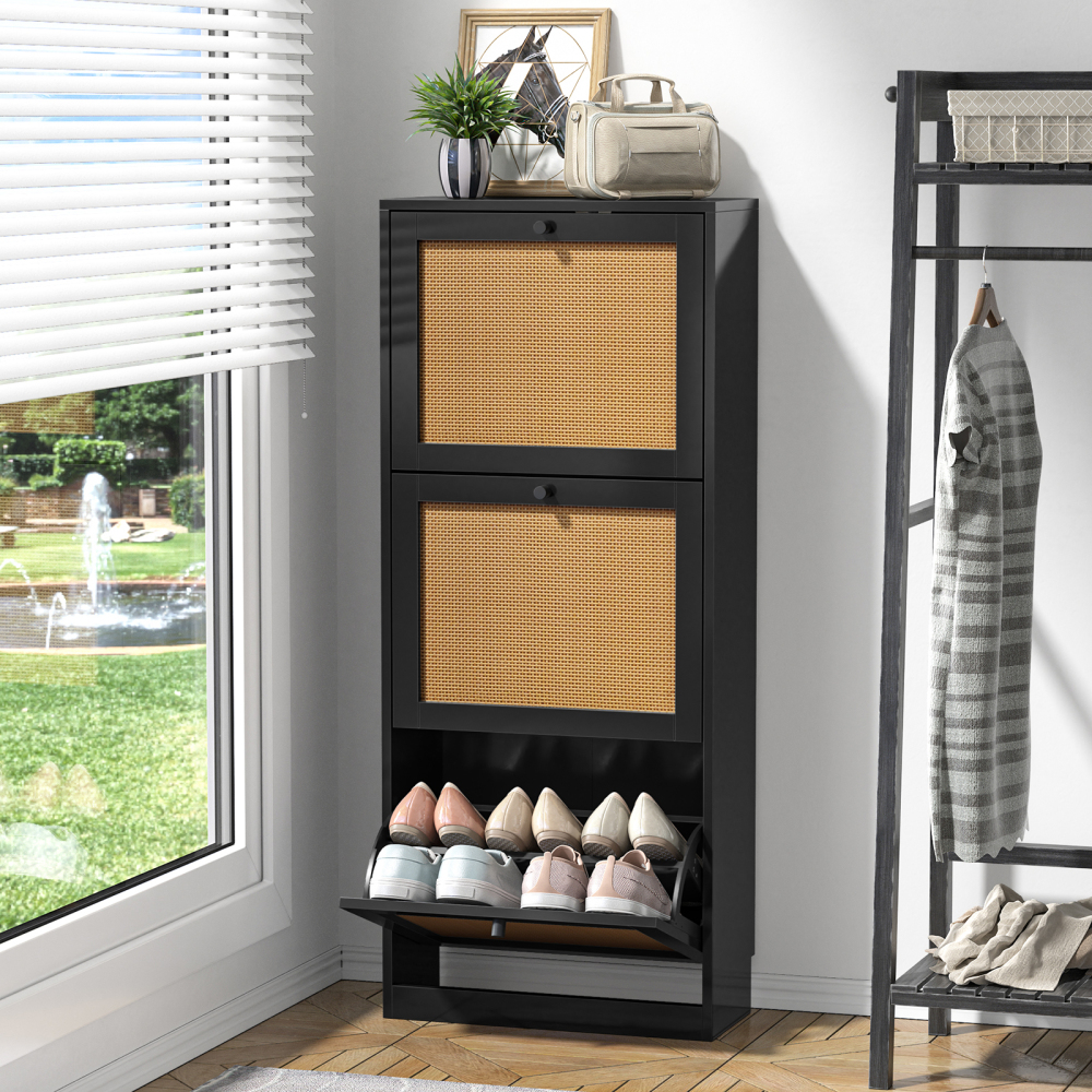 Anmytek Shoe Cabinet, 12 Pair Shoe Storage Organizer Cabinet, 3-Tier Rattan Shoe Cabinet with 3 Flip Drawers