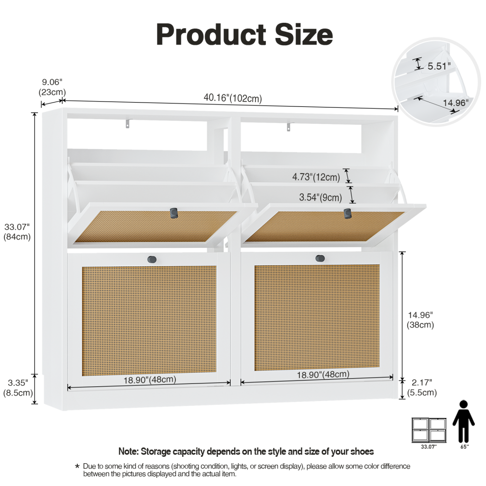 Anmytek Natural Rattan Shoe Storage Cabinet with 4 Flip Drawers, Freestanding Shoe Cabinet