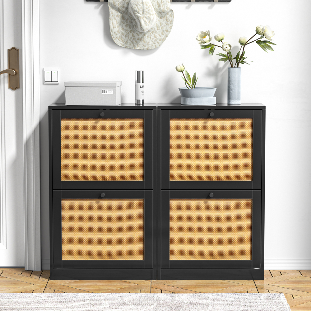 Anmytek Rattan Black Shoe Cabinet with 2 Flip Drawers, Narrow Shoe Storage Cabinet for Entryway