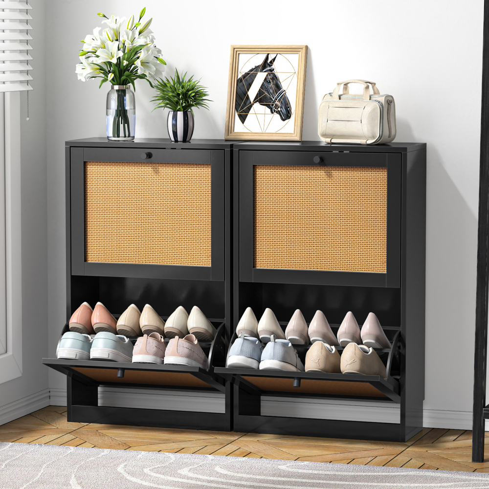 Anmytek Rattan Black Shoe Cabinet with 2 Flip Drawers, Narrow Shoe Storage Cabinet for Entryway