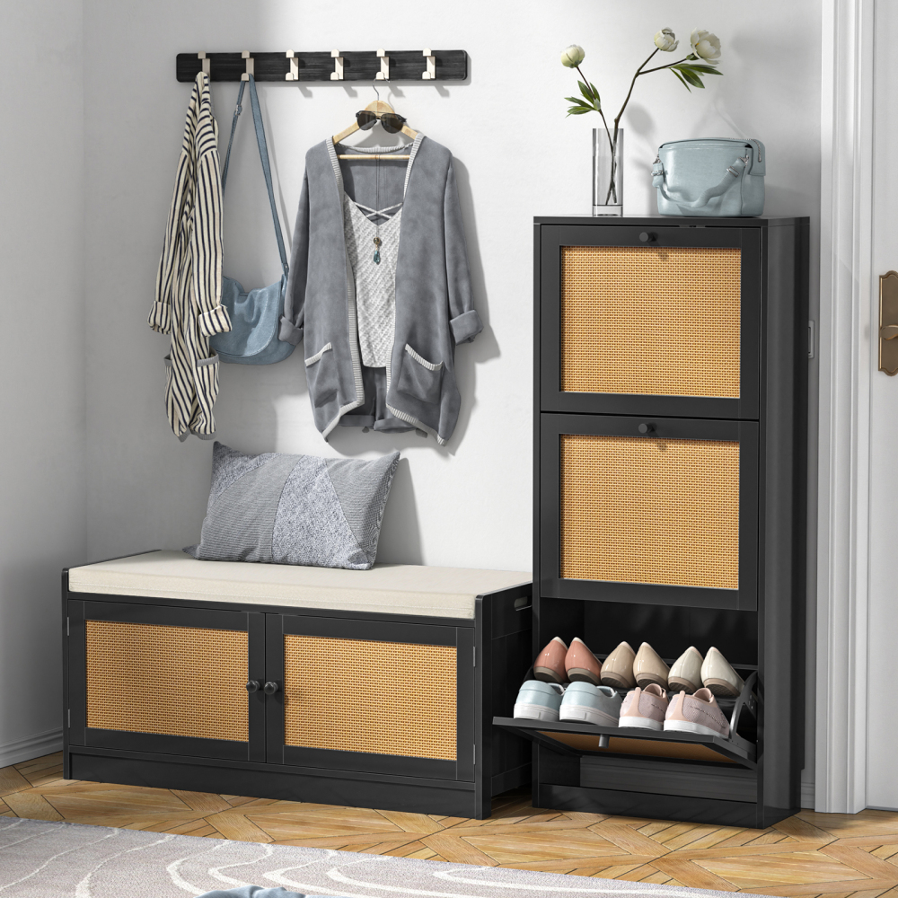 Anmytek Shoe Cabinet, 12 Pair Shoe Storage Organizer Cabinet, 3-Tier Rattan Shoe Cabinet with 3 Flip Drawers