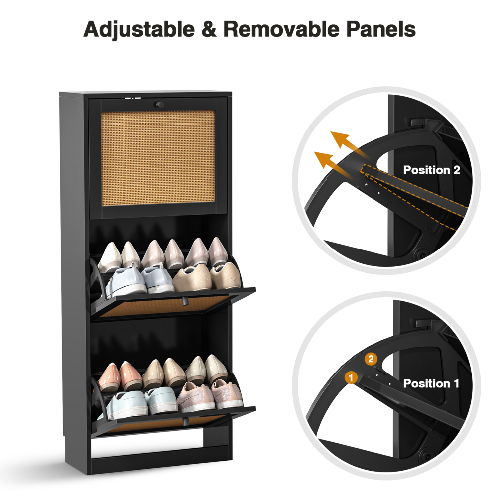 Anmytek Shoe Cabinet, 12 Pair Shoe Storage Organizer Cabinet, 3-Tier Rattan Shoe Cabinet with 3 Flip Drawers